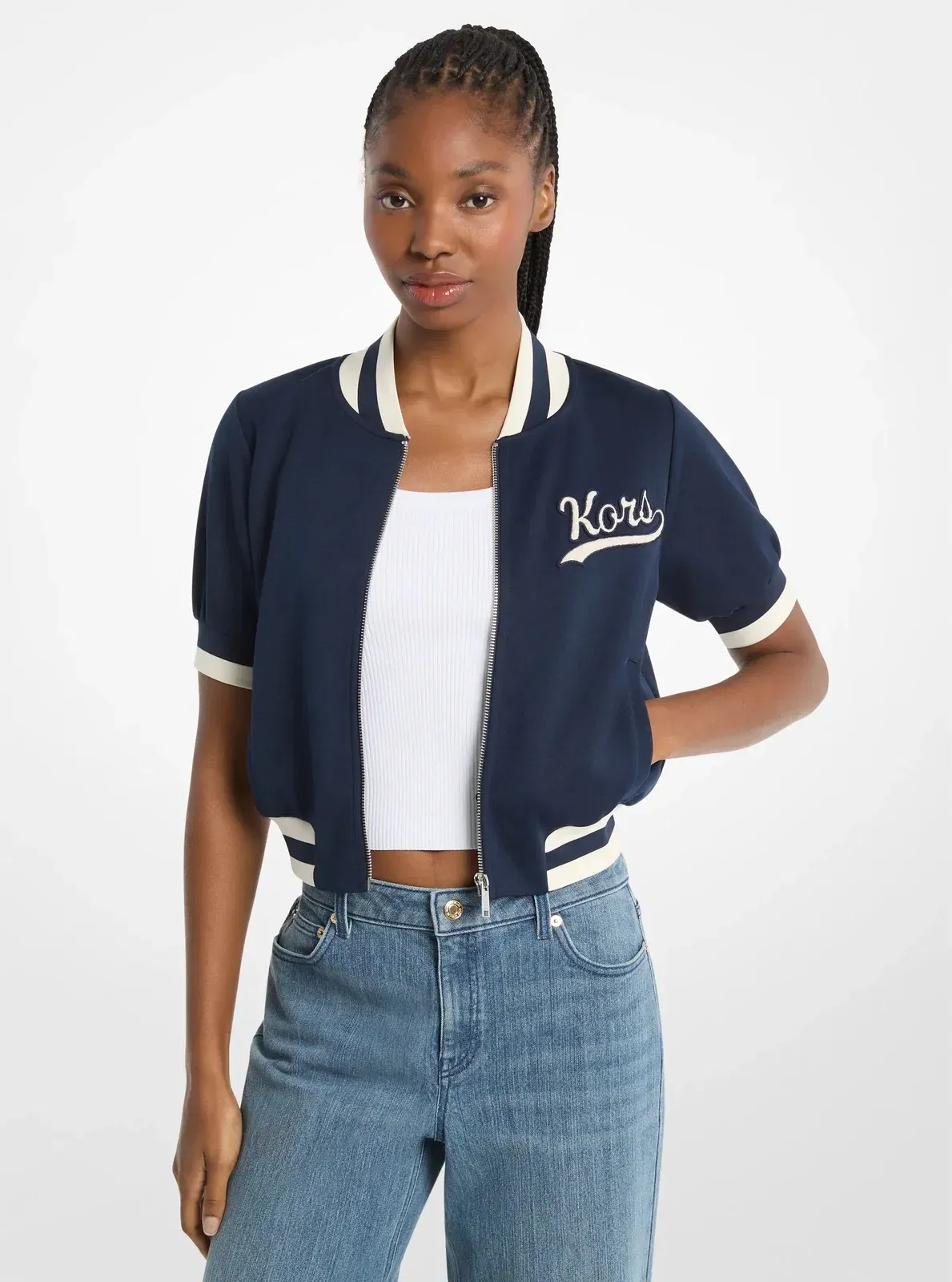 Michael Kors Sporty Piqu Cropped Short-Sleeve Jacket MIDNIGHTBLUE