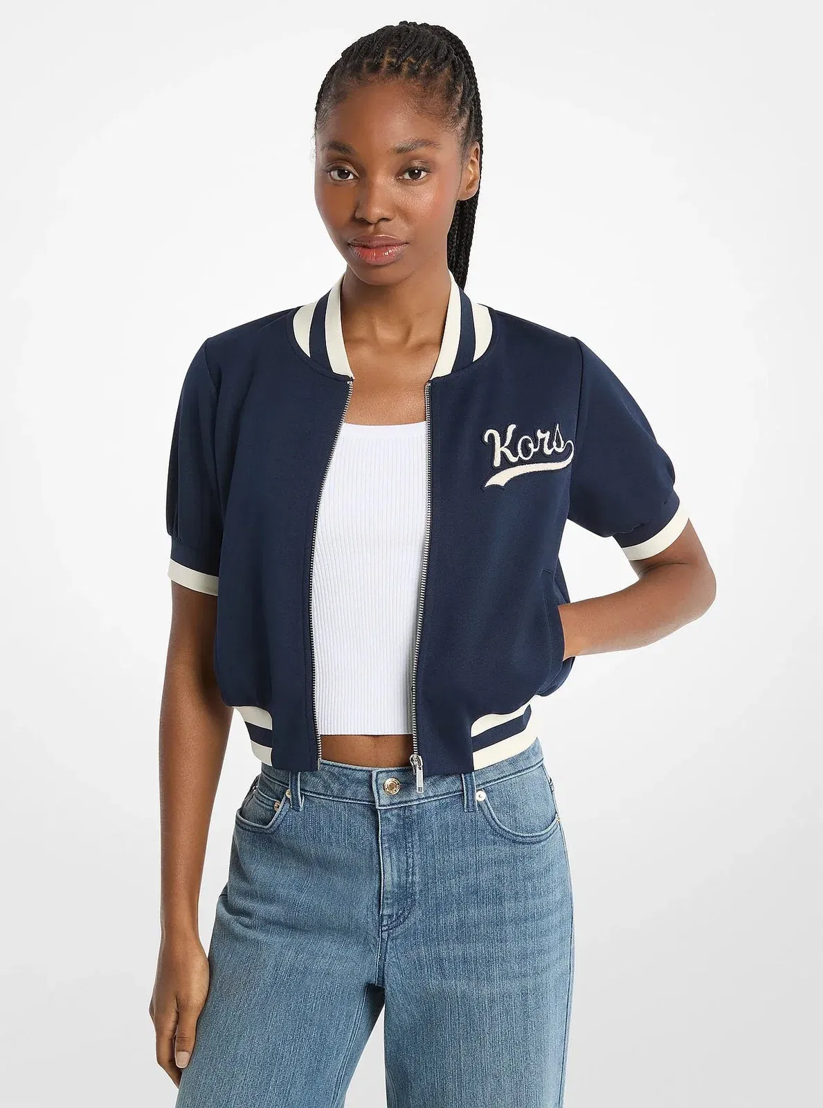 Michael Kors Sporty Piqu Cropped Short-Sleeve Jacket MIDNIGHTBLUE
