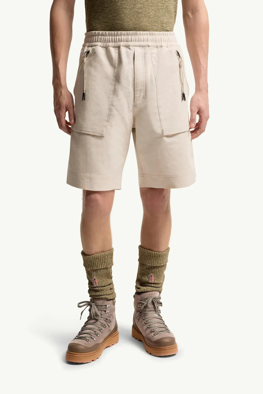 Moncler Cotton & Linen Blend Shorts Grey Beige Grey Beige