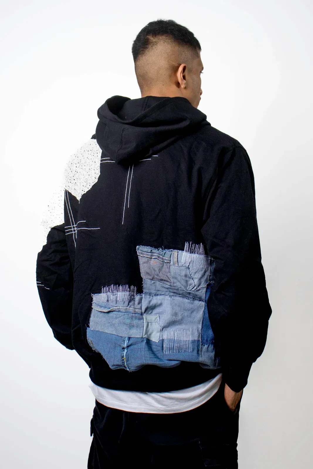 Black Patchwork Net Hoodie