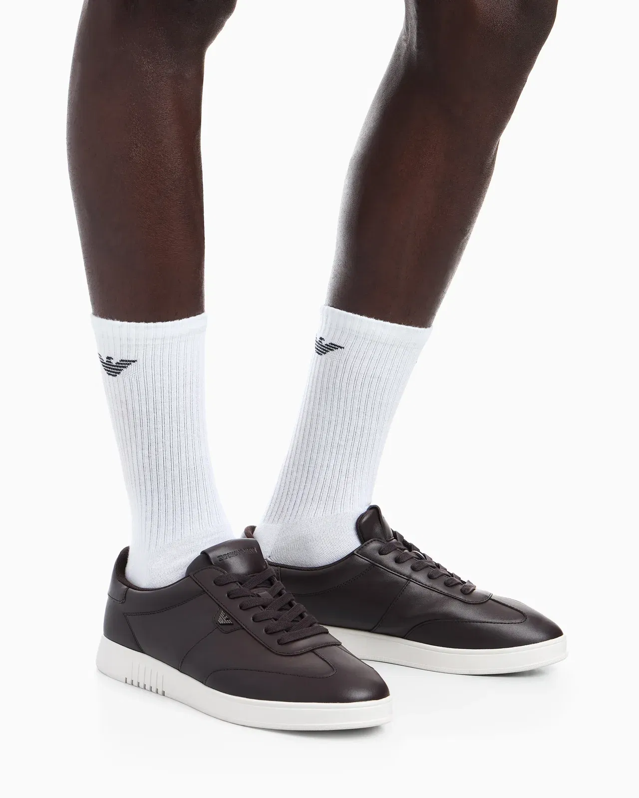 Emporio Armani Leather Sneakers With Eagle Plate Brown