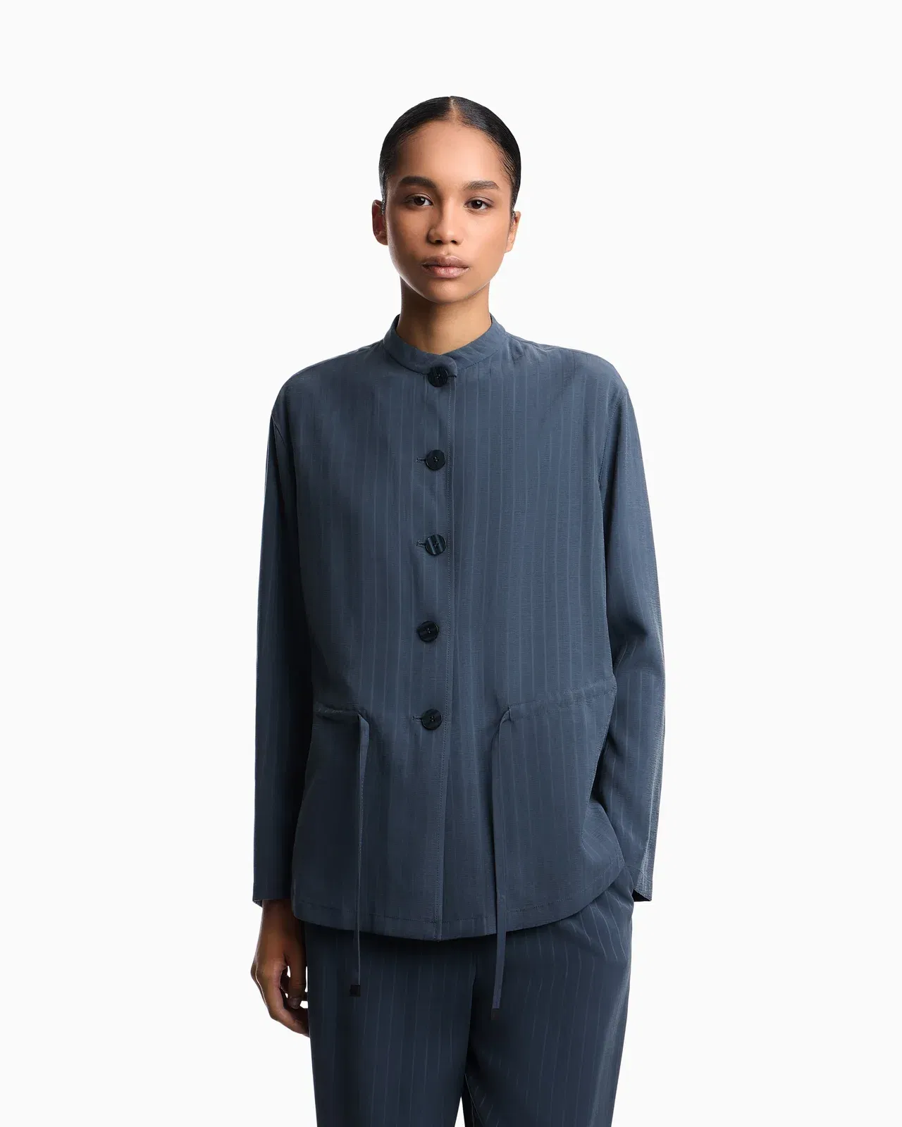 Emporio Armani Pinstriped fluid fabric guru-collar jacket