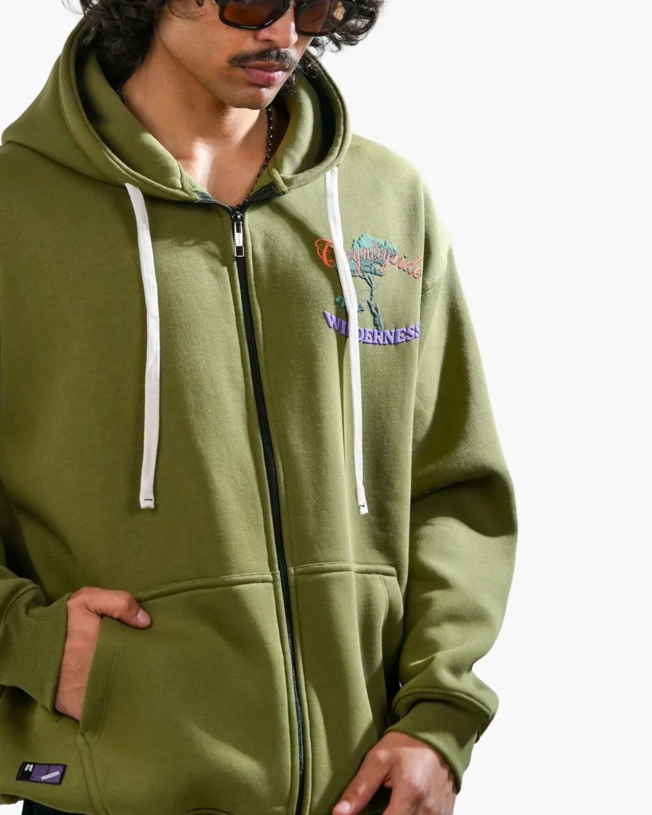 Countryside Wilderness - Olive Printed Oversized Zipper Hoodie