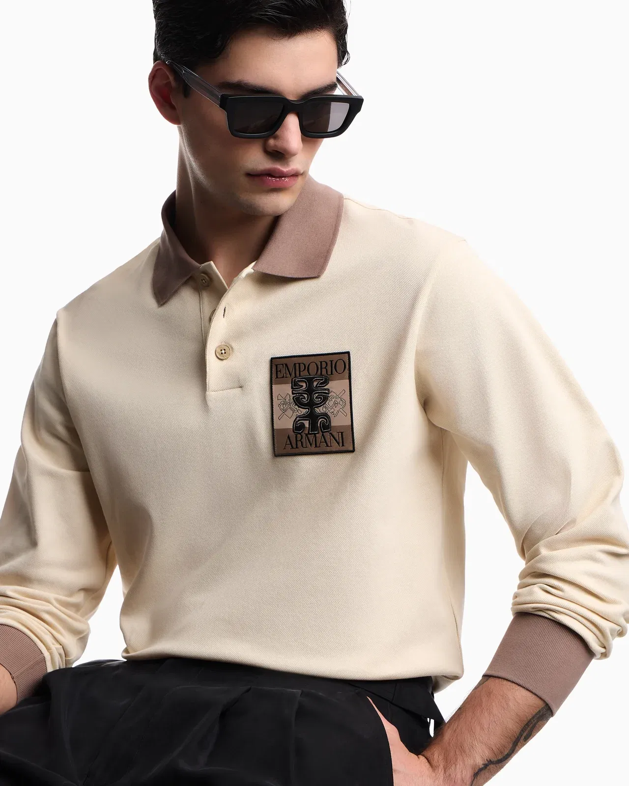 Emporio Armani Piqué polo shirt with patch and tribal print