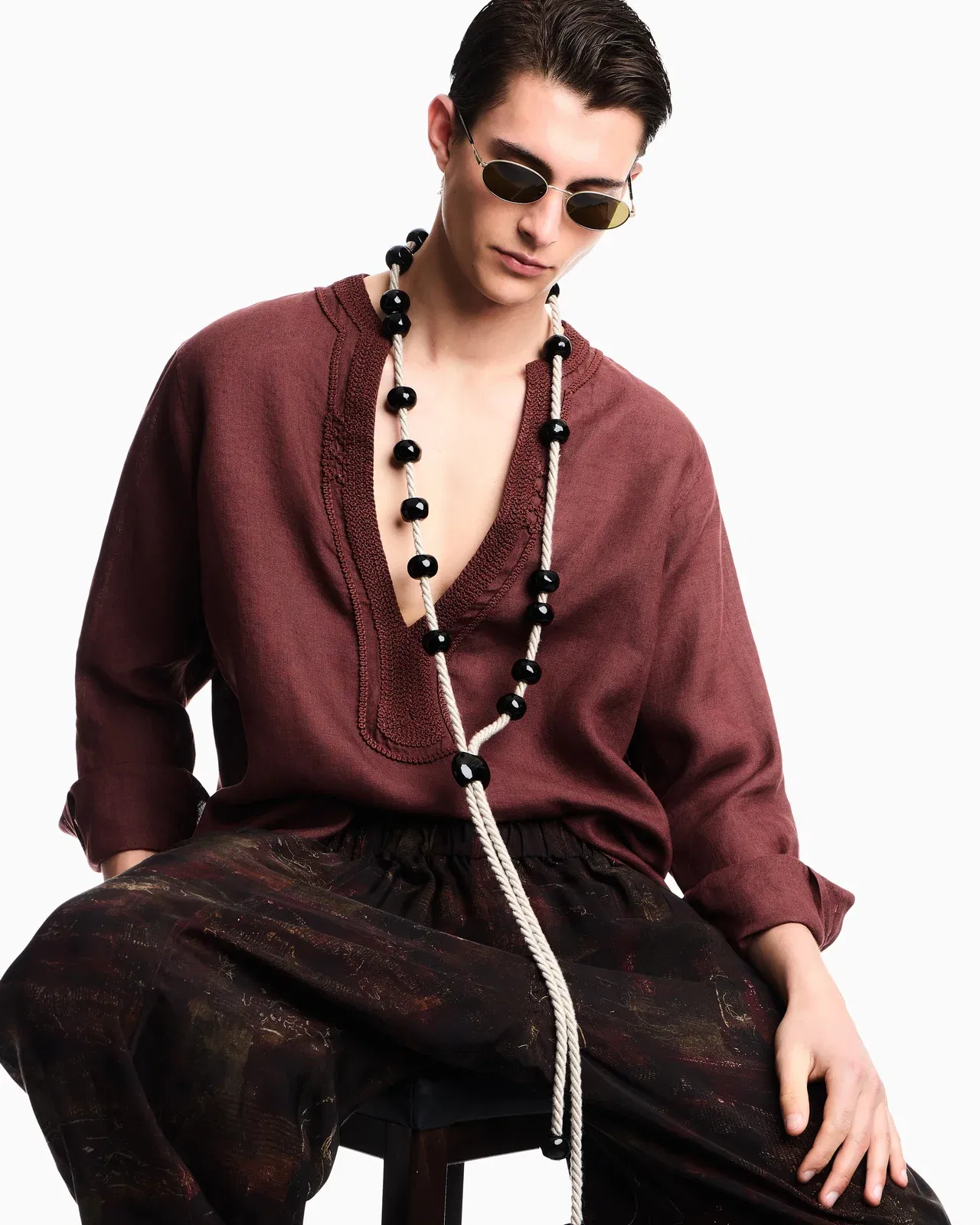 Emporio Armani Garment-dyed linen V-neck shirt with trim