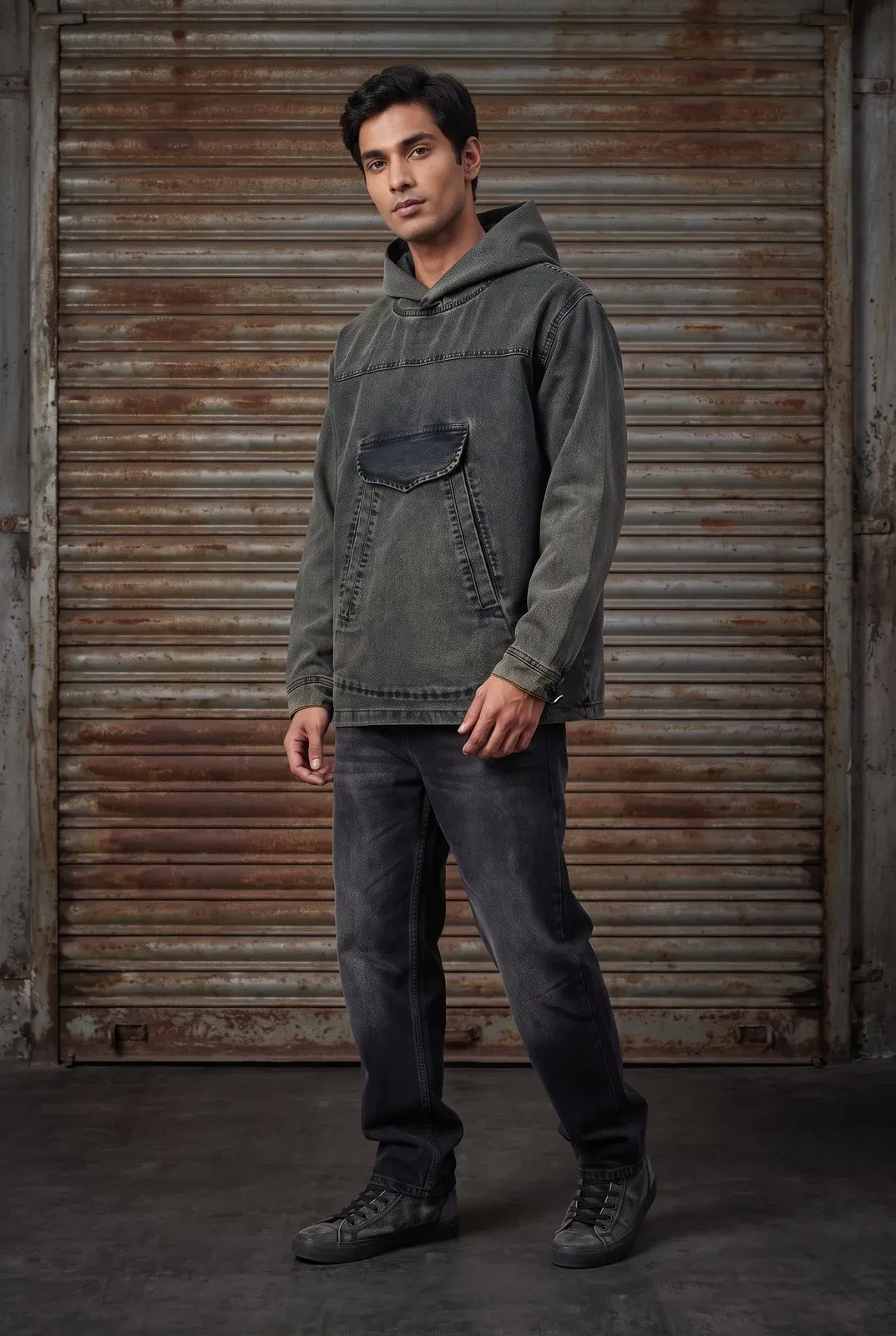 ACID WASH DENIM MEN'S HOODIE