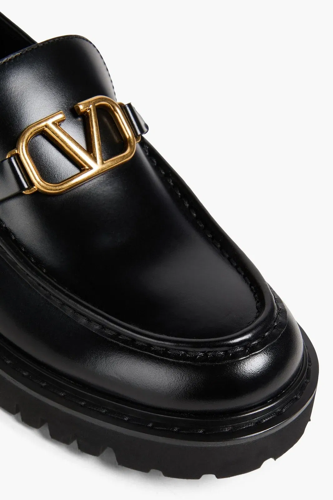 Valentino Garavani Vlogo Glossed-Leather Loafers Black Women's