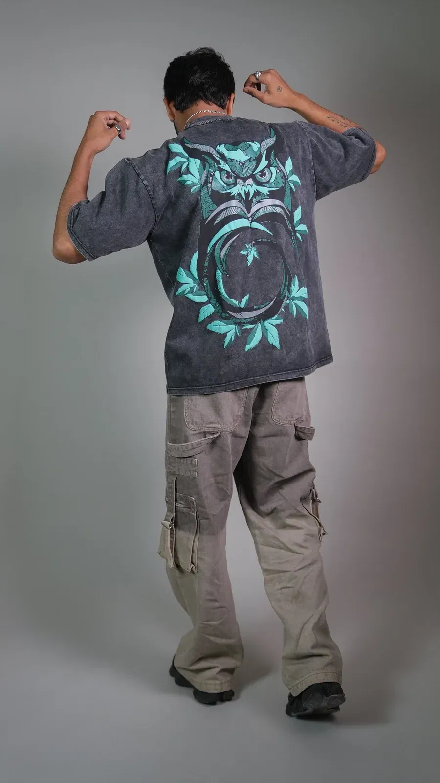 OWL VISION DARK GREY ACIDWASH MEN’S OVERSIZED T-SHIRT