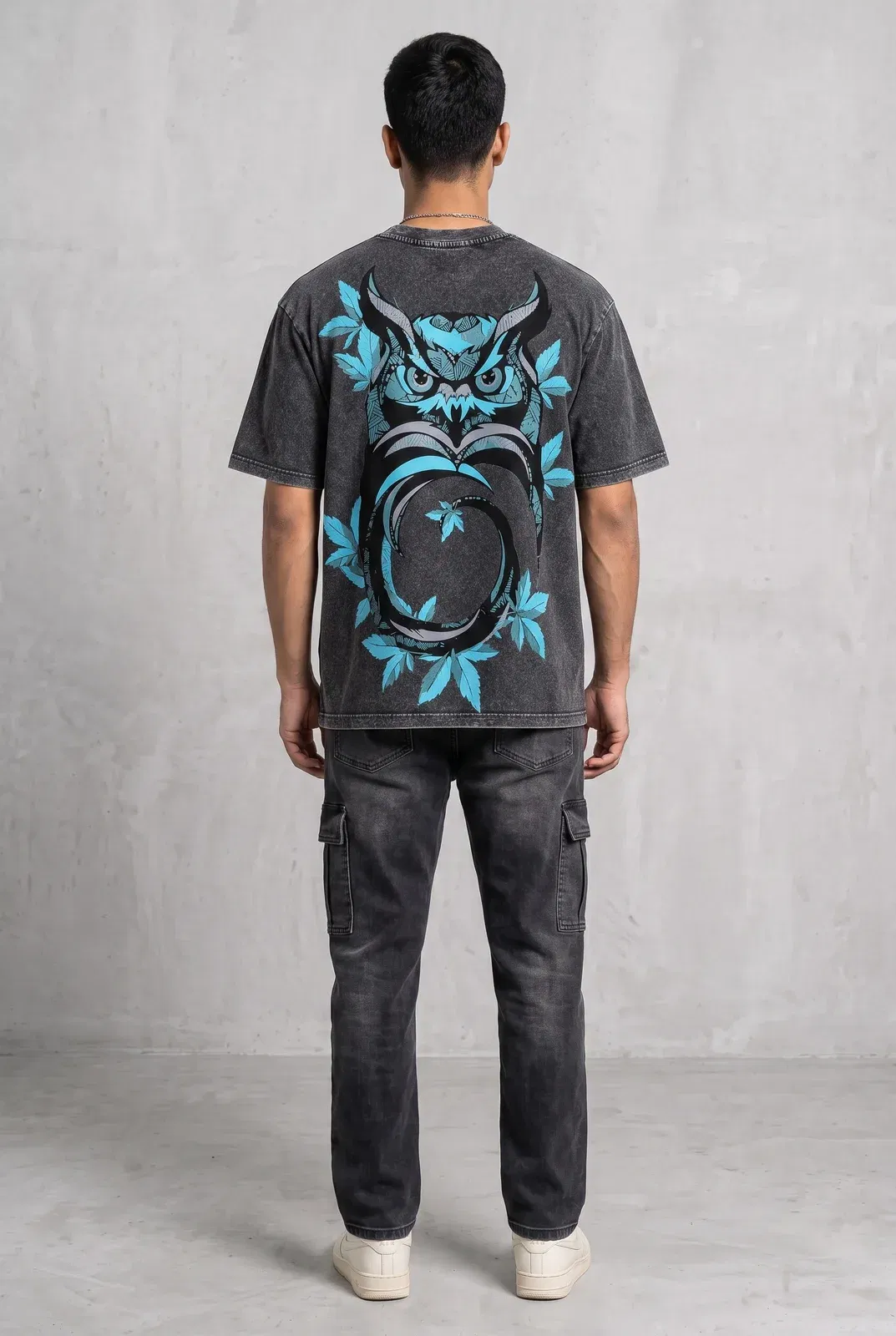 OWL VISION DARK GREY ACIDWASH MEN’S OVERSIZED T-SHIRT