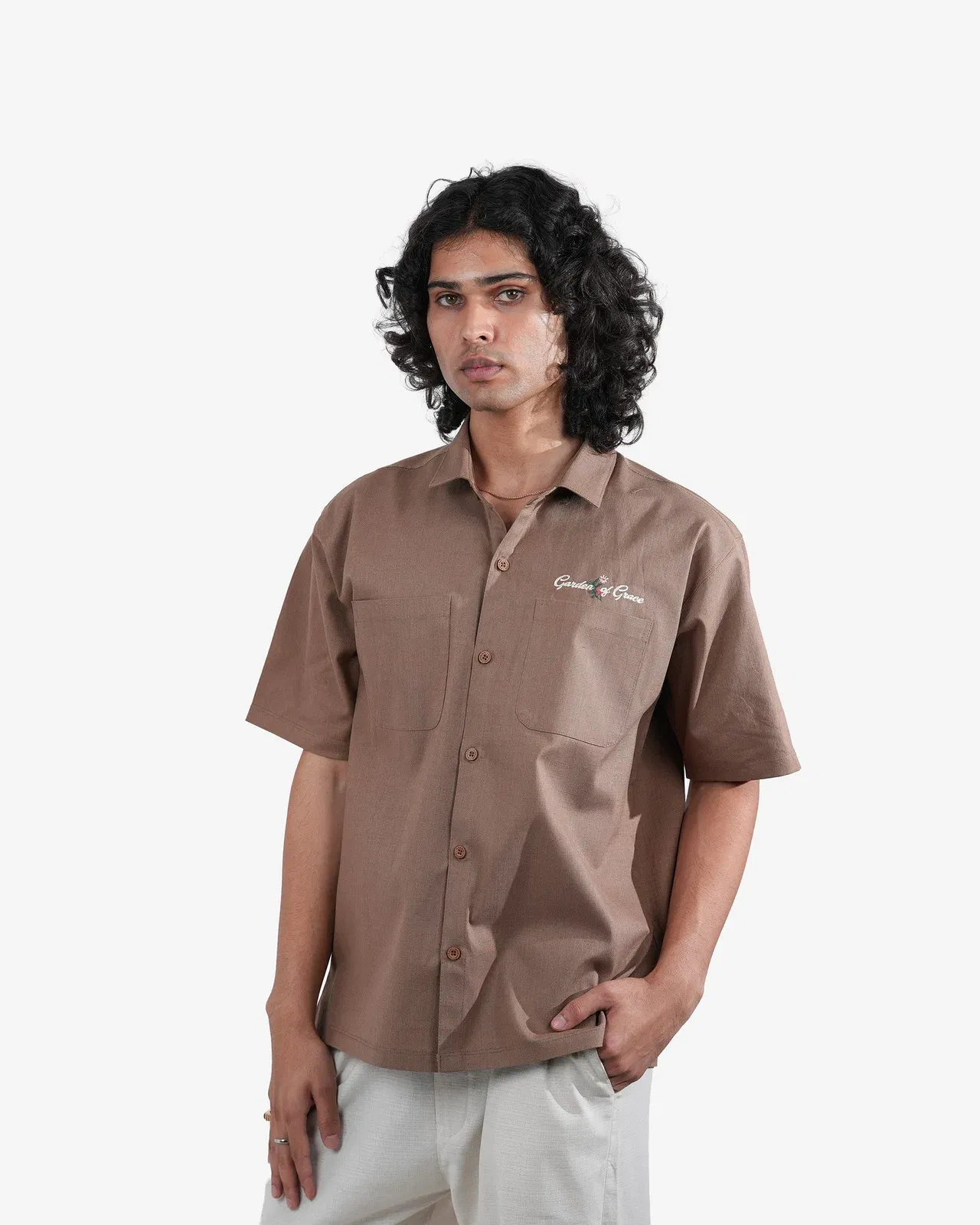Graced Garden - Khaki Embroidered Shirt