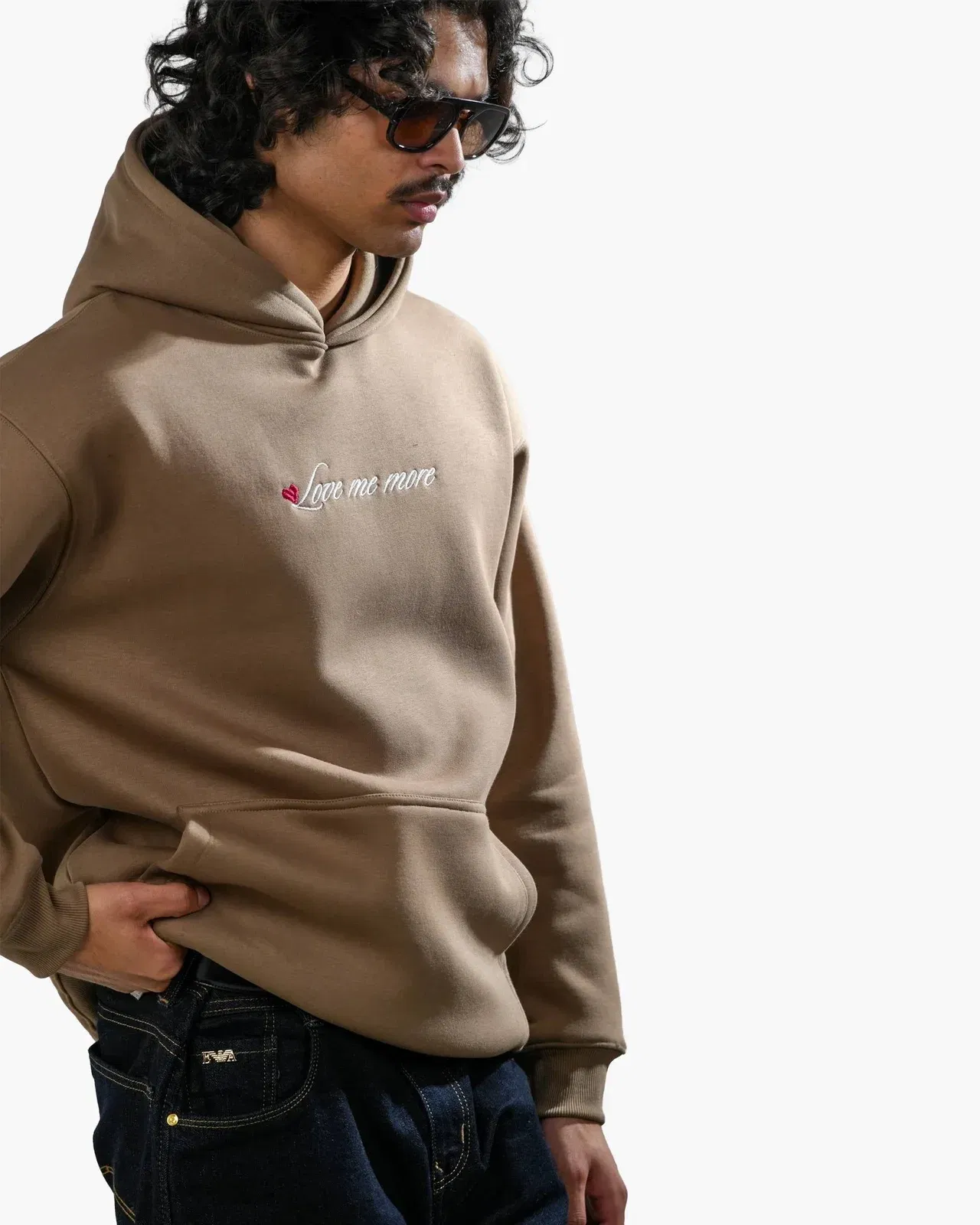 Love Me More - Khaki Printed Oversized Hoodie