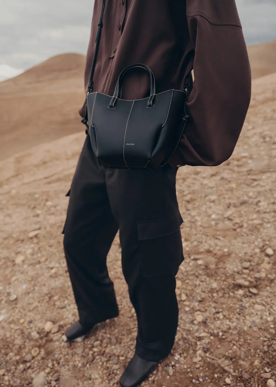 Polene Cyme Tote Nano Textured Black with Ecru Stitching