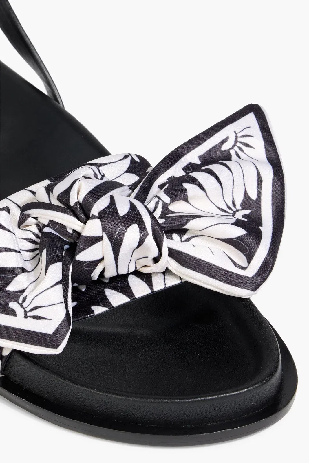 Farm Rio Bow-Detailed Printed Satin And Leather Sandals Black Women's