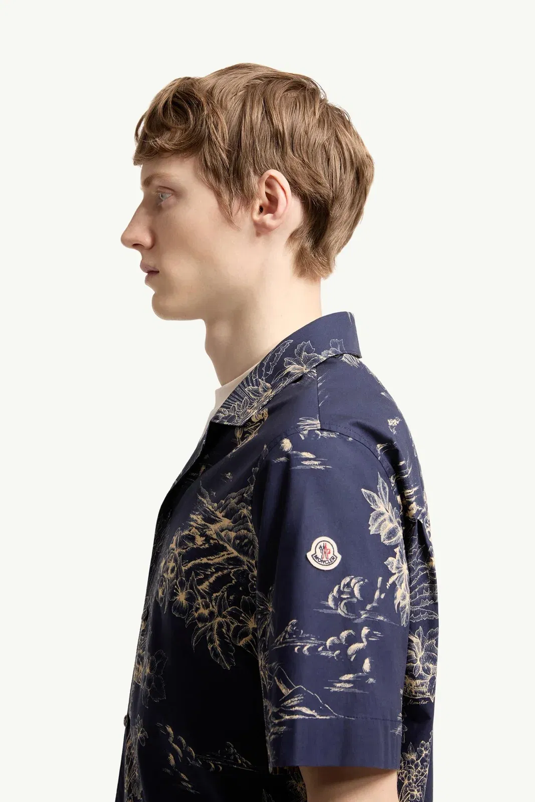 Moncler Floral Print Short Sleeve Cotton Shirt Navy Blue Navy Blue