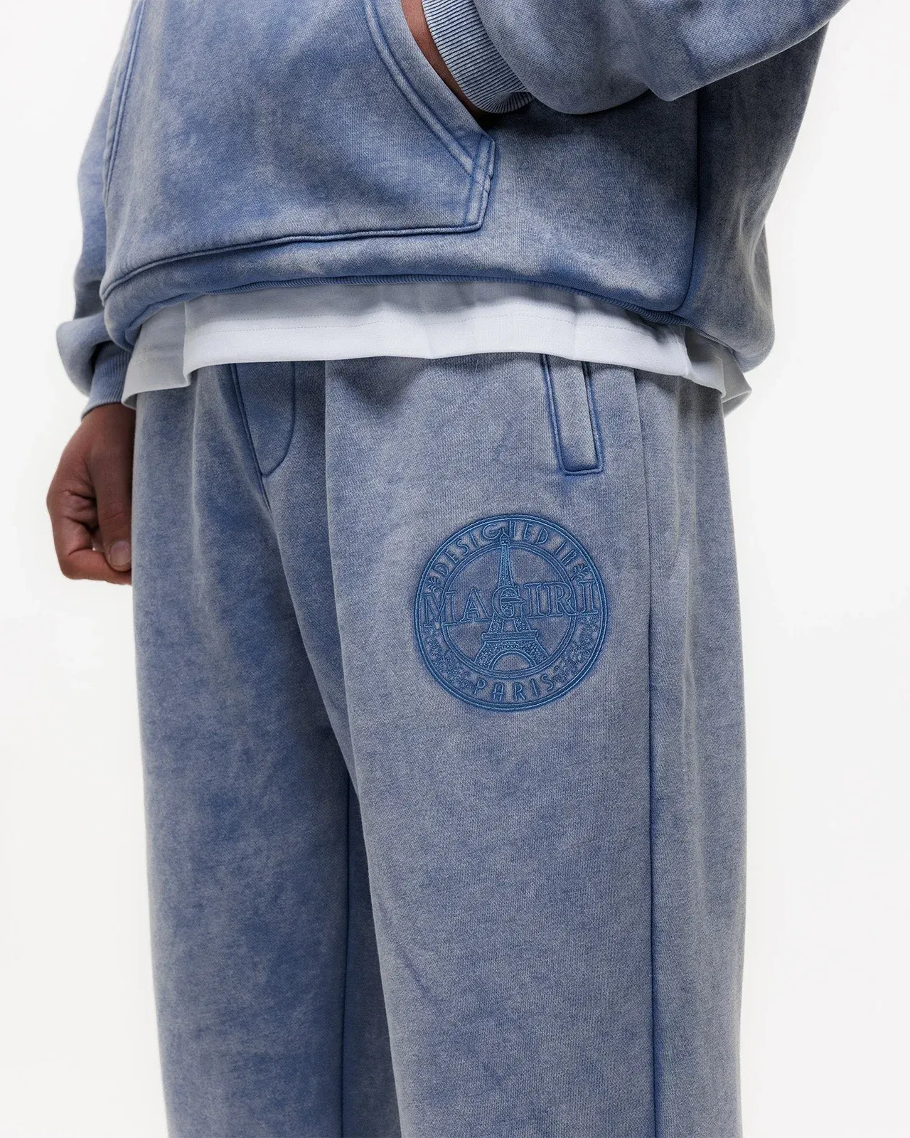 Magiri Embroidered Acid Wash Joggers in Washed Blue