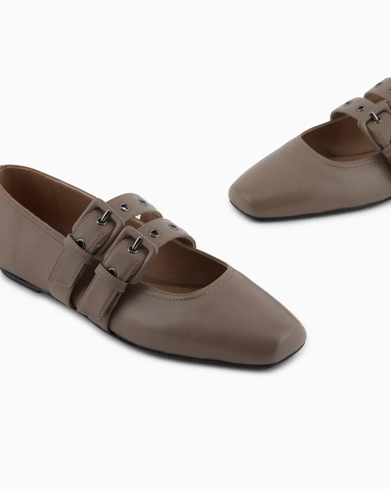 Emporio Armani Nappa-Leather Square-Toed Ballerinas With Double Strap Brown