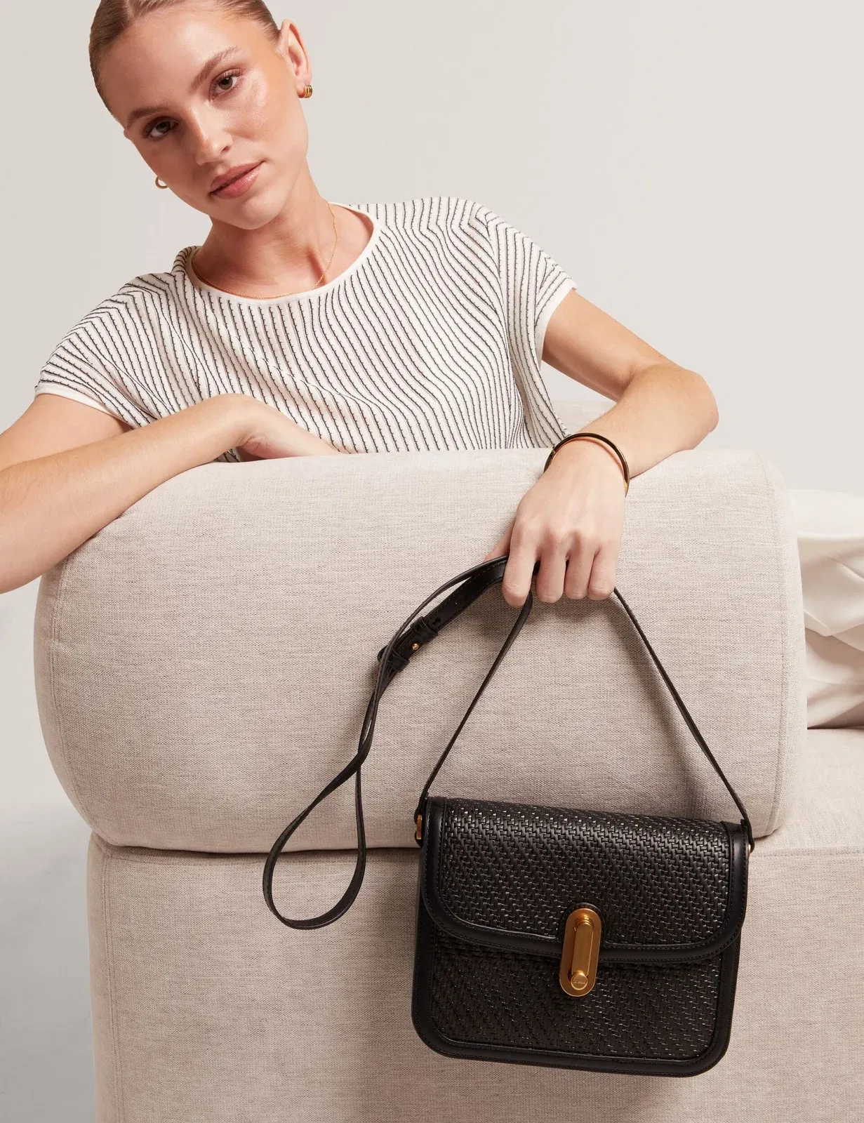 Ted Baker Warnerr Woven Leather Twist Lock Crossbody Bag Black Women's