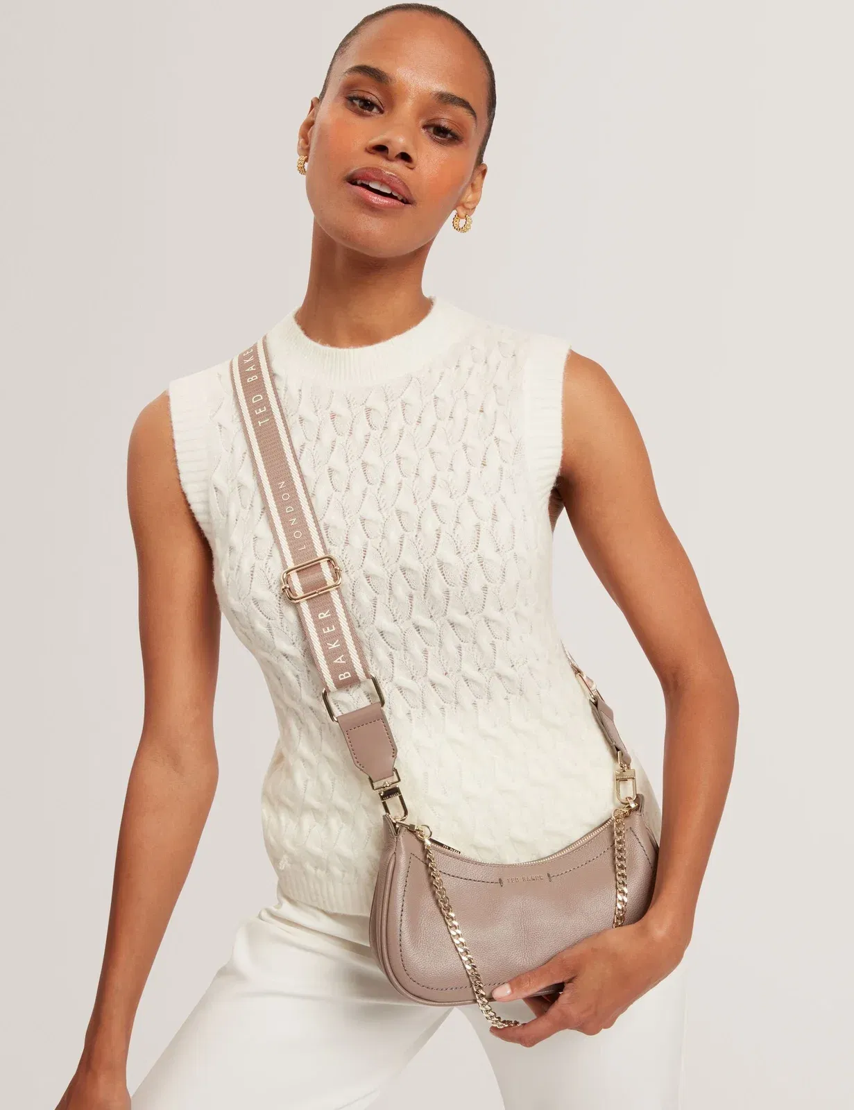 Ted Baker Laarna Webbing Strap Leather Shoulder Bag Taupe Women's