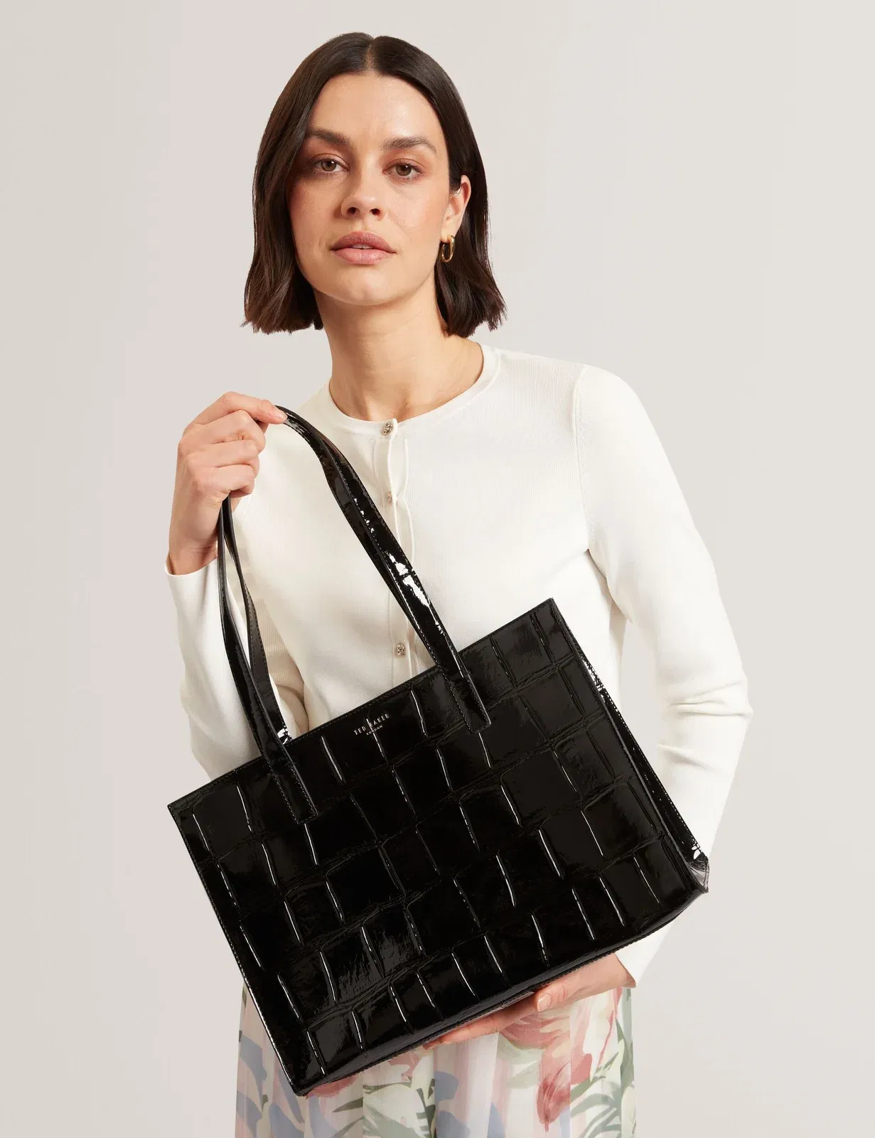 Ted Baker Welona Patent Croc Elongated Icon Tote Bag In Black Women's