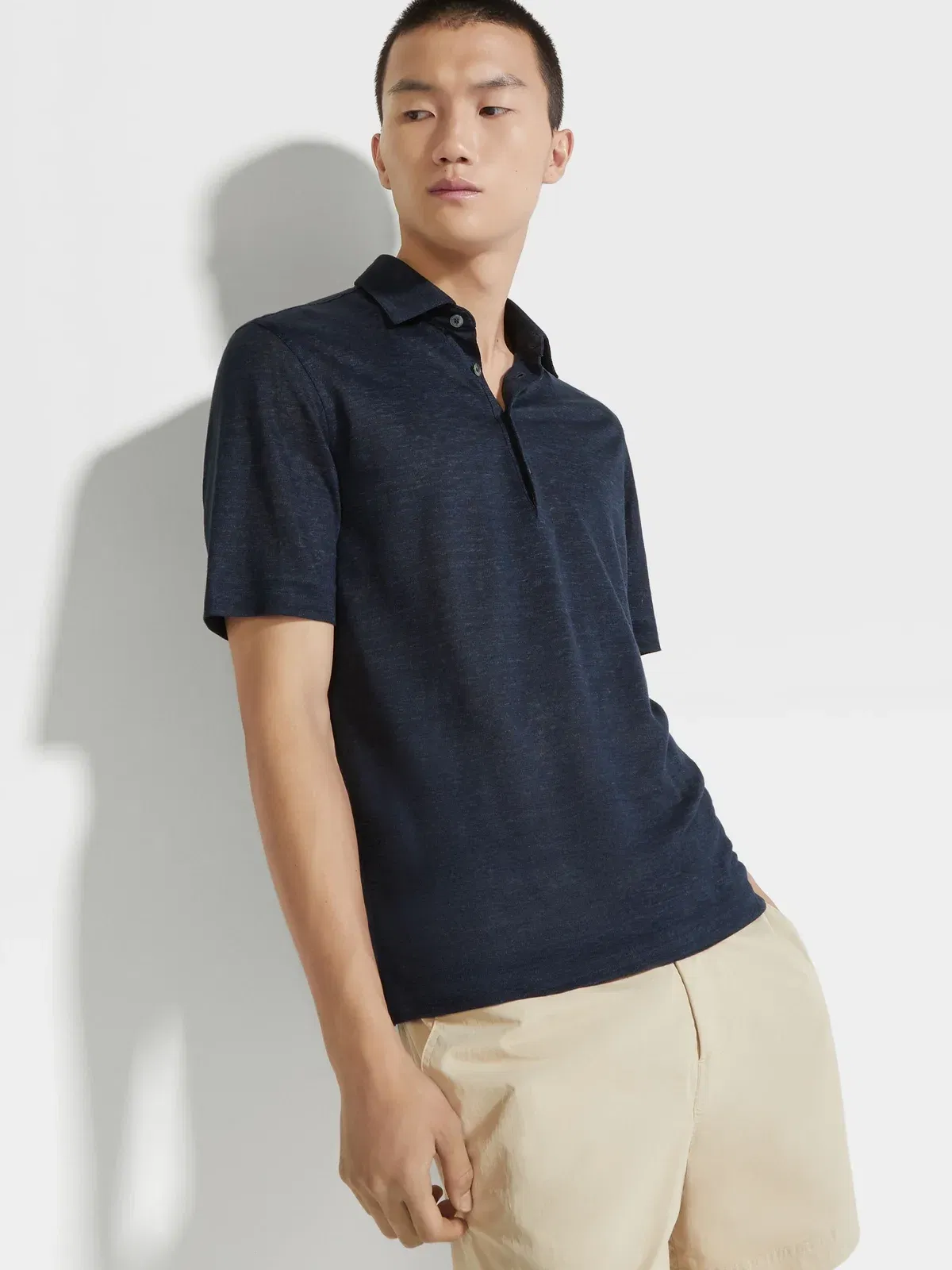 Zegna Navy Blue Linen Polo Shirt