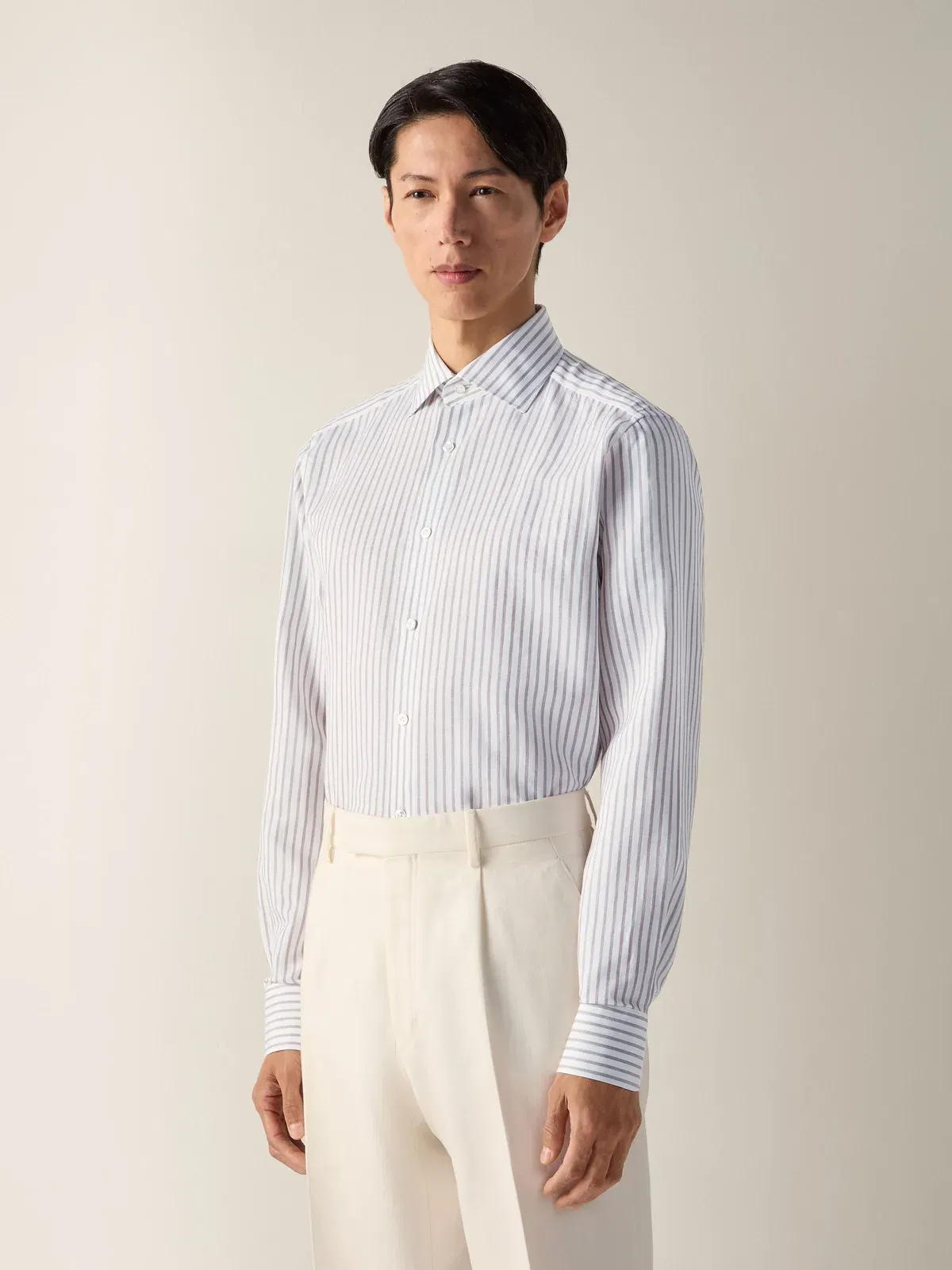 Zegna Dark Brown And White Striped Cotton Linen And Silk Shirt