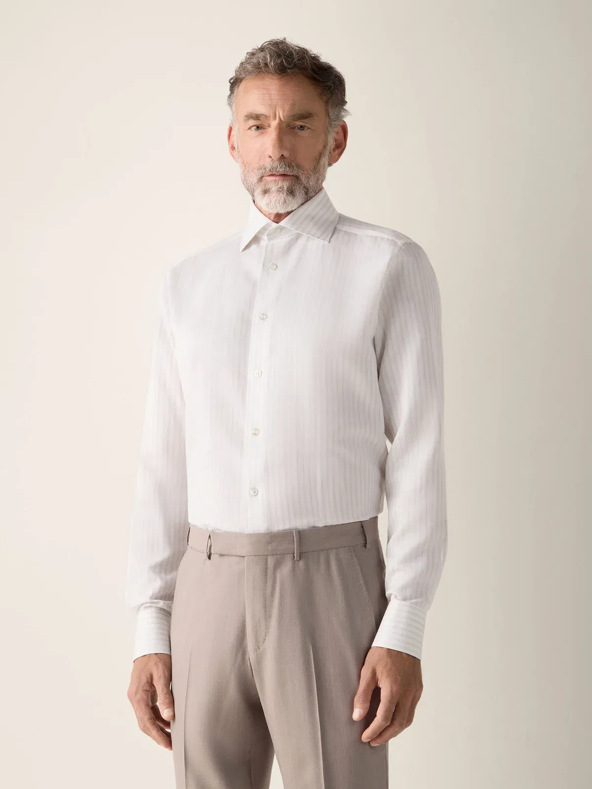 Zegna Light Taupe And White Striped Cotton Linen And Silk Shirt