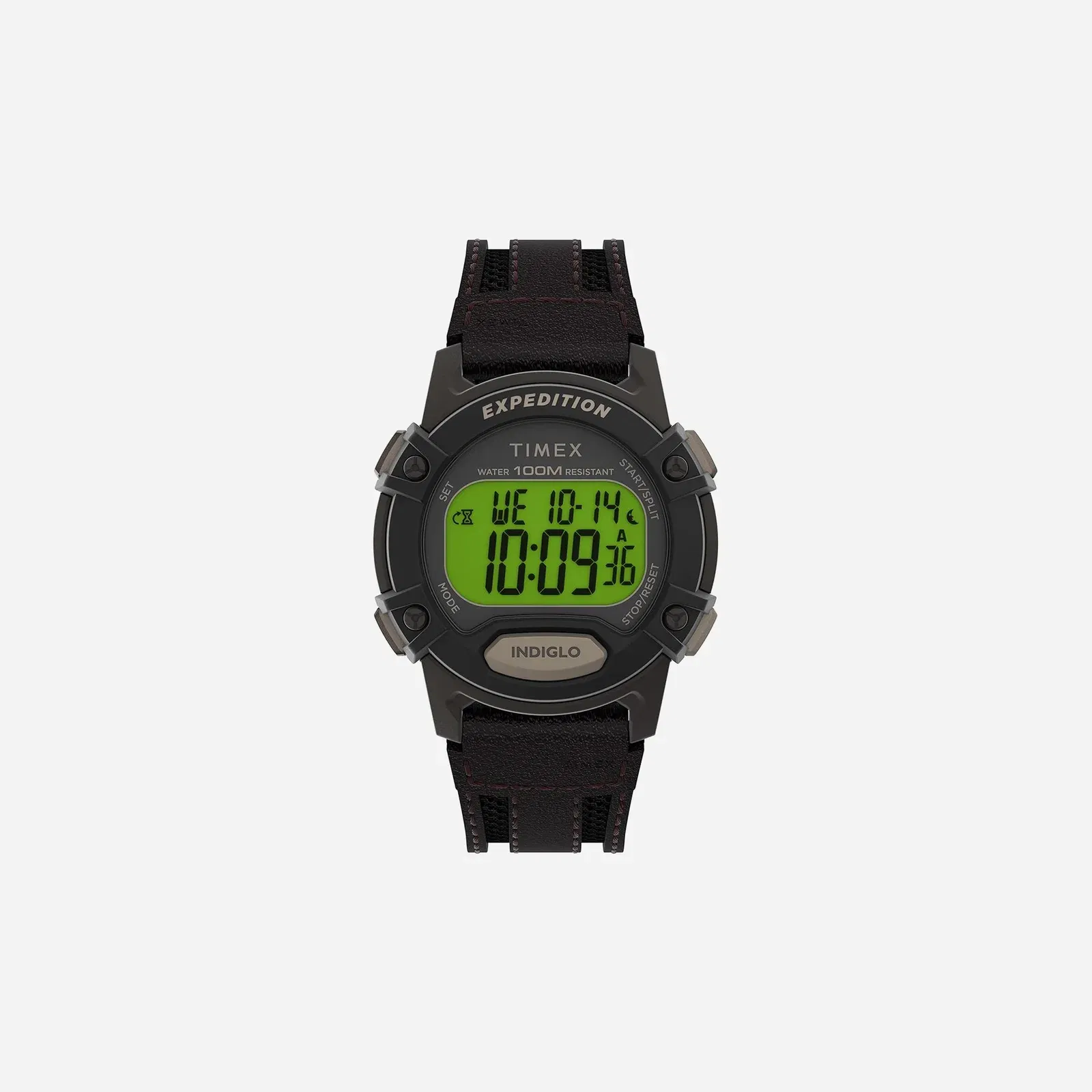 Timex Expedition Digital CAT5 Green Dial Black Brown Leather Strap Watch