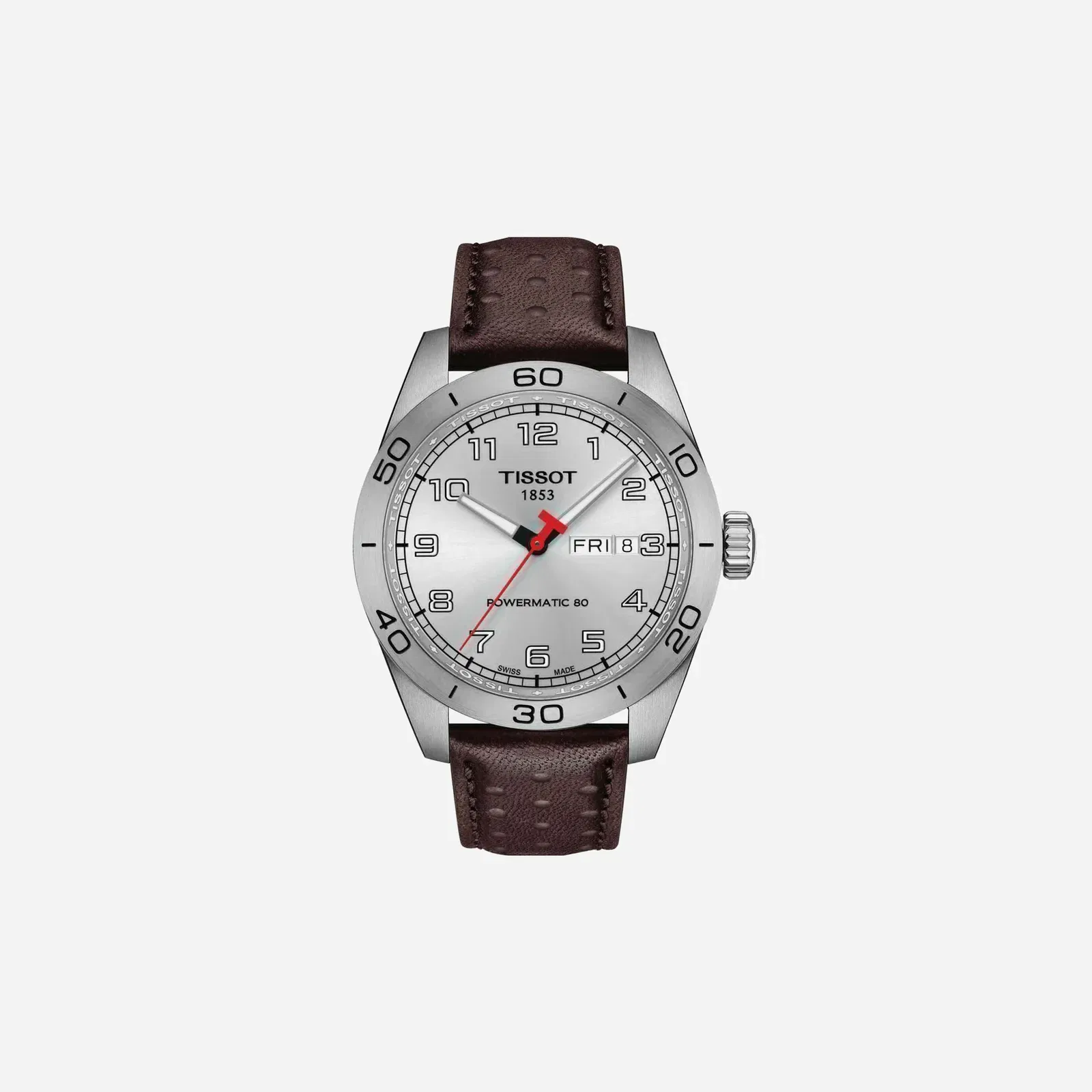 Tissot PRS 516 Powermatic 80 Silver Dial Brown Leather Strap Watch 42mm