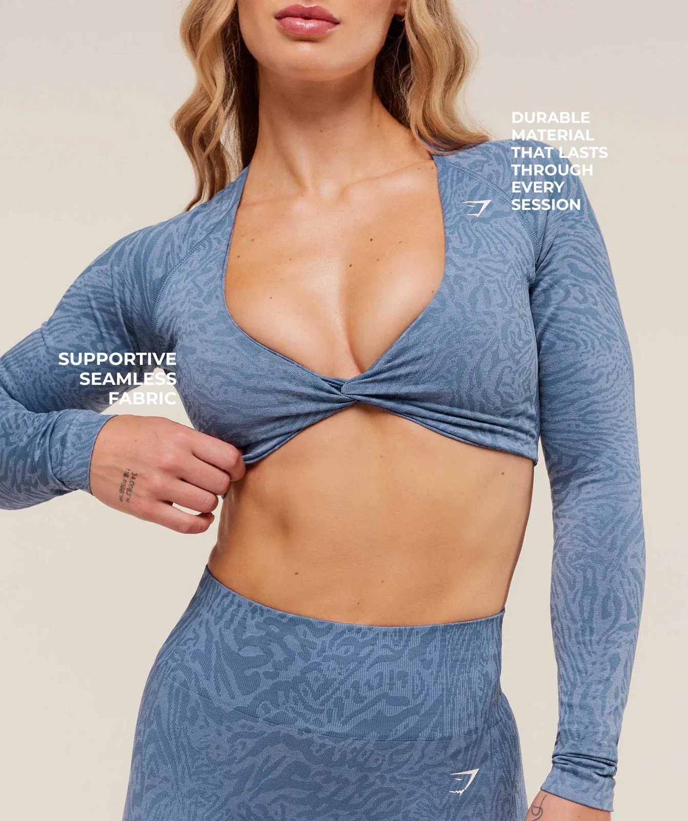 Gymshark Adapt Animal Long Sleeve Crop Top - Worn Blue/Peri Blue