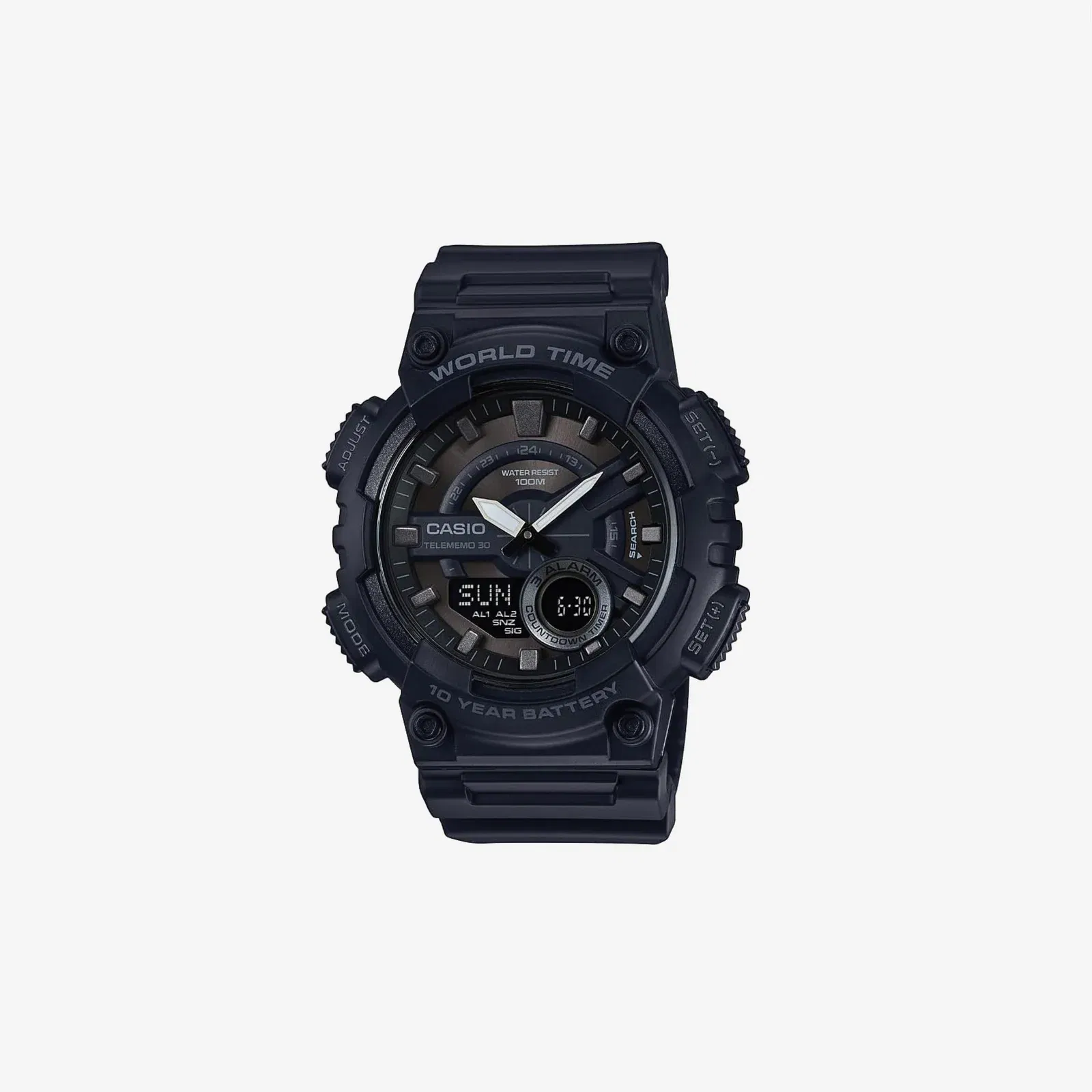 Casio AEQ110BW 100M WR Multi Alarms 100 SEC Stopwatch Countdown Timer World Map for World Time LED Light LC Display 10 Year Battery Analog-Digital Watch
