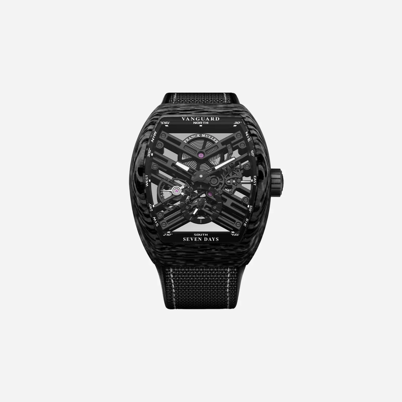 Franck Muller Vanguard Skeleton Dial Nylon Fabric Strap Watch - V45 S6 SQT CARBON.NR