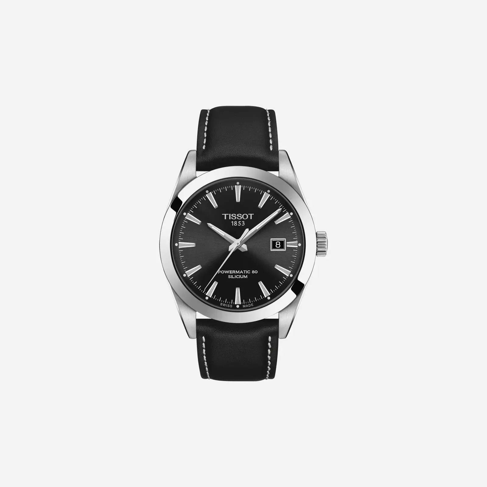Tissot Gentleman Powermatic 80 Silicium Dauphine Dial Black Leather Strap Watch