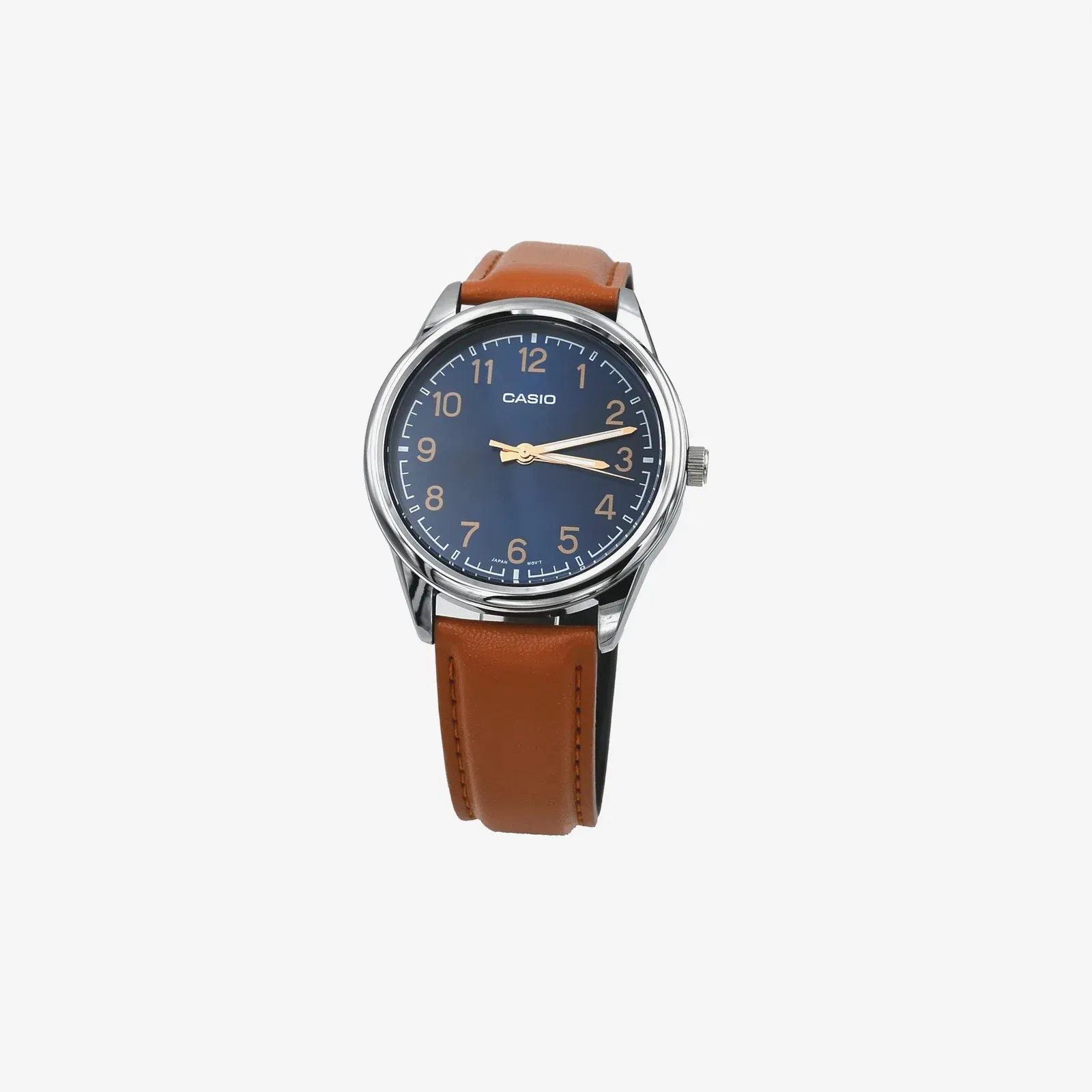 Casio MTP-V005L-2B4 Standard Analog Tan Leather Band Blue Numbers Dial Watch