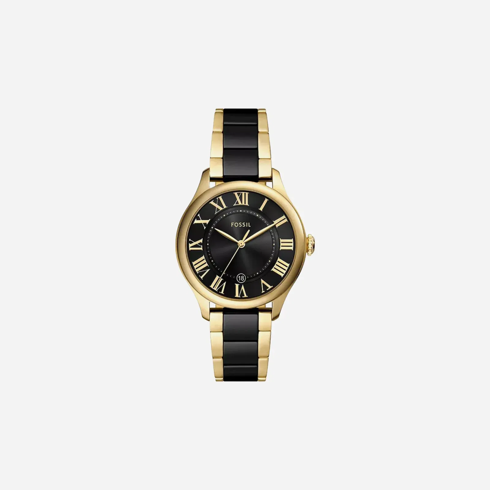 Fossil Gilmore Three-Hand Date Gold-Tone and Black Dial Ceramic Strap Watch