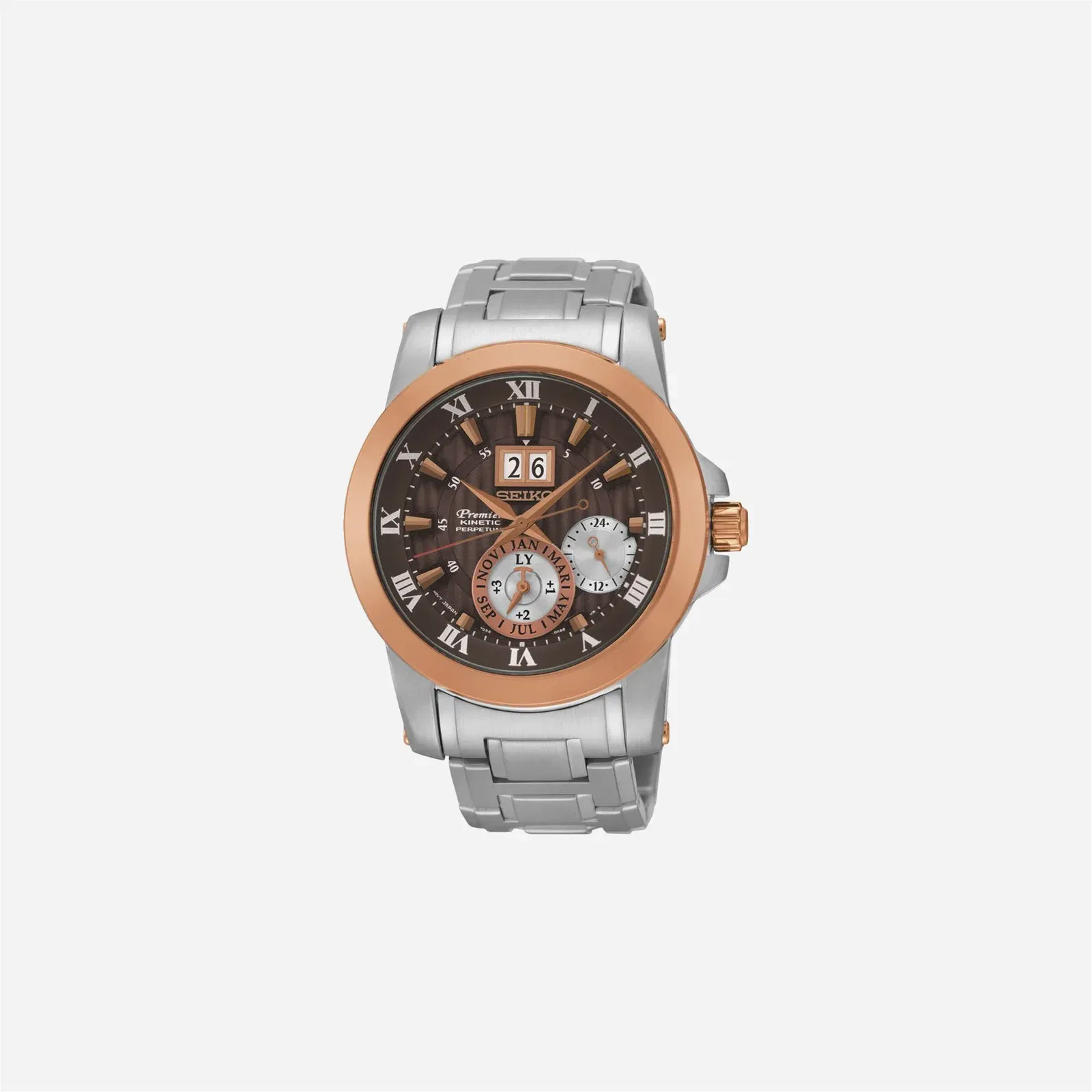 Seiko Premier Kinetic Perpetual Kinetic Powered Brown Dial Stainless Steel Watch - SNP128P1