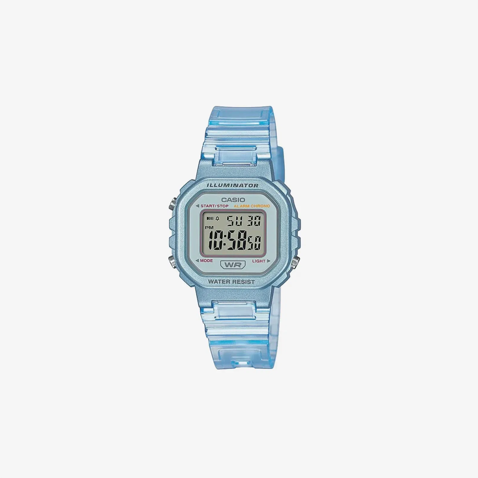 Casio Illuminator Alarm Chronograph Clear Blue Digital Watch LA-20WHS-2A