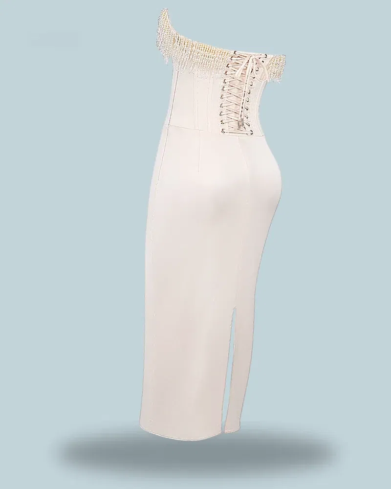 HOUSE OF CB Nalita Vintage Cream Embellished Strapless Dress