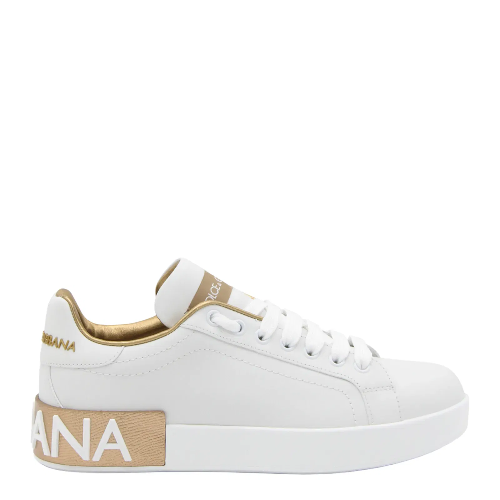 White Calfskin Low-Top Sneakers with Gold Details