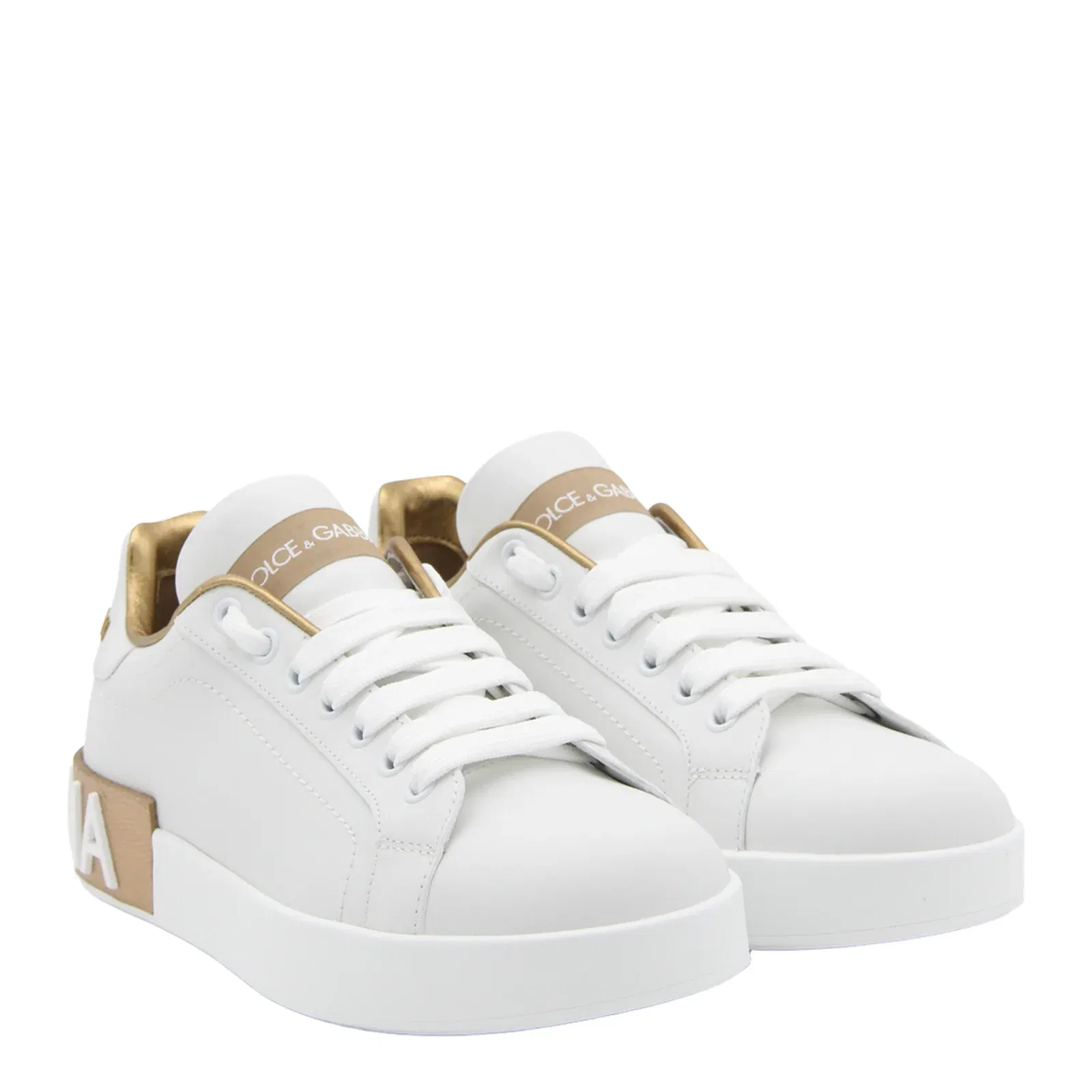 White Calfskin Low-Top Sneakers with Gold Details