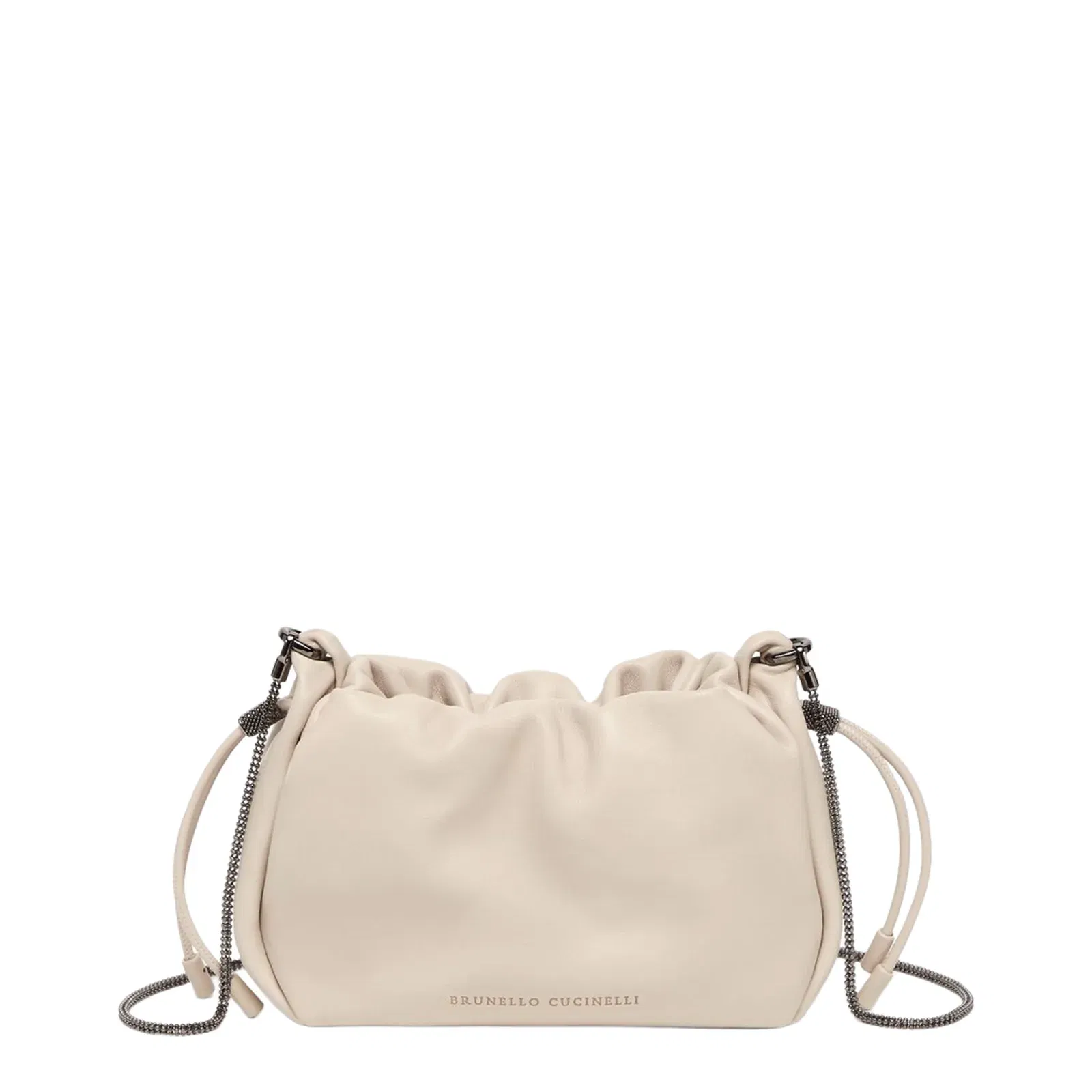 Mellow Beige Crossbody Bag with Drawstring Closure and Chain Shoulder Strap