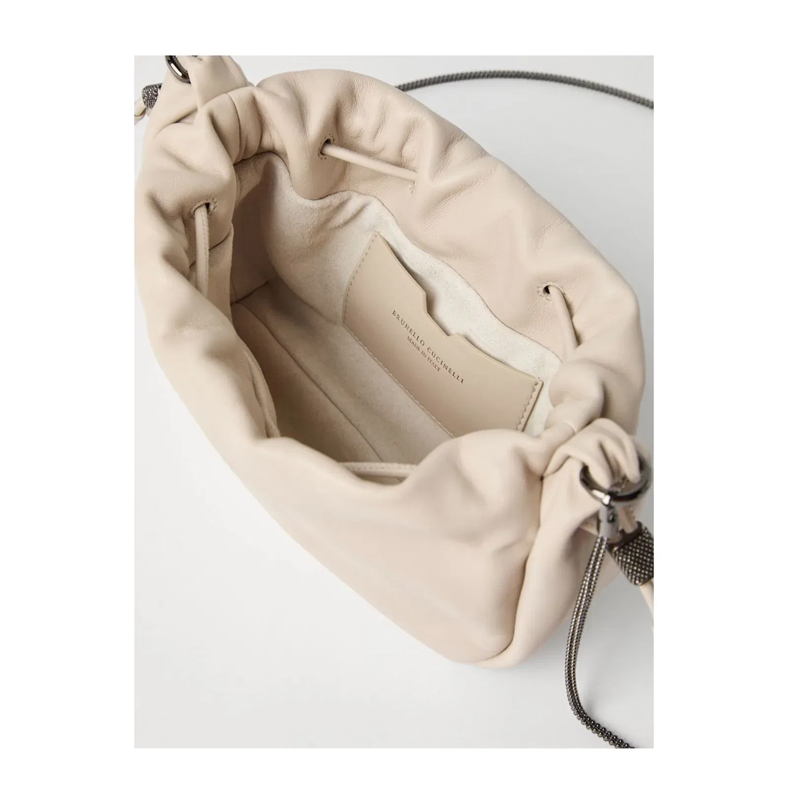 Mellow Beige Crossbody Bag with Drawstring Closure and Chain Shoulder Strap