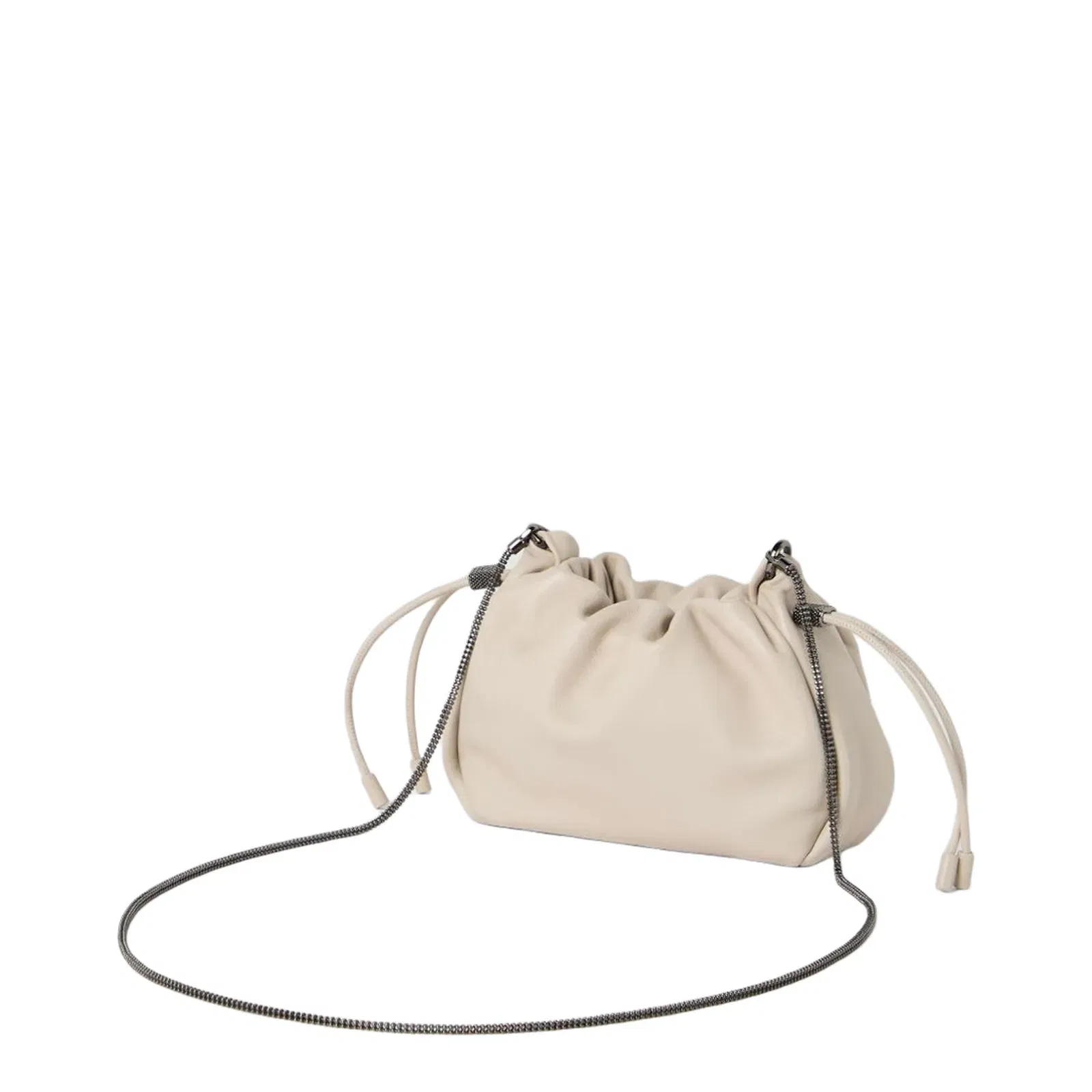 Mellow Beige Crossbody Bag with Drawstring Closure and Chain Shoulder Strap
