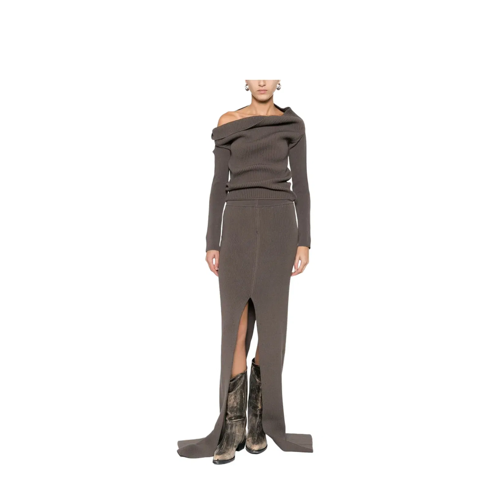 Wool Off-Shoulder Sweater in Brown