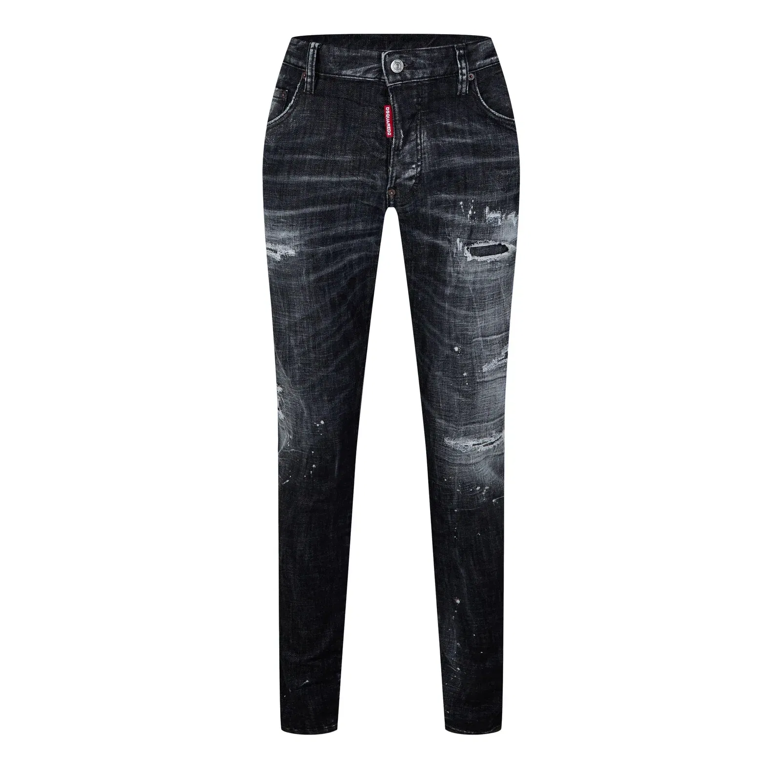 distressed paint-splatter jeans