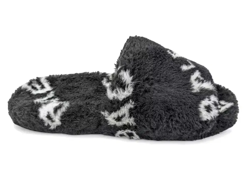 Balenciaga Furry Slide Fake Fur Logo Allover Black White