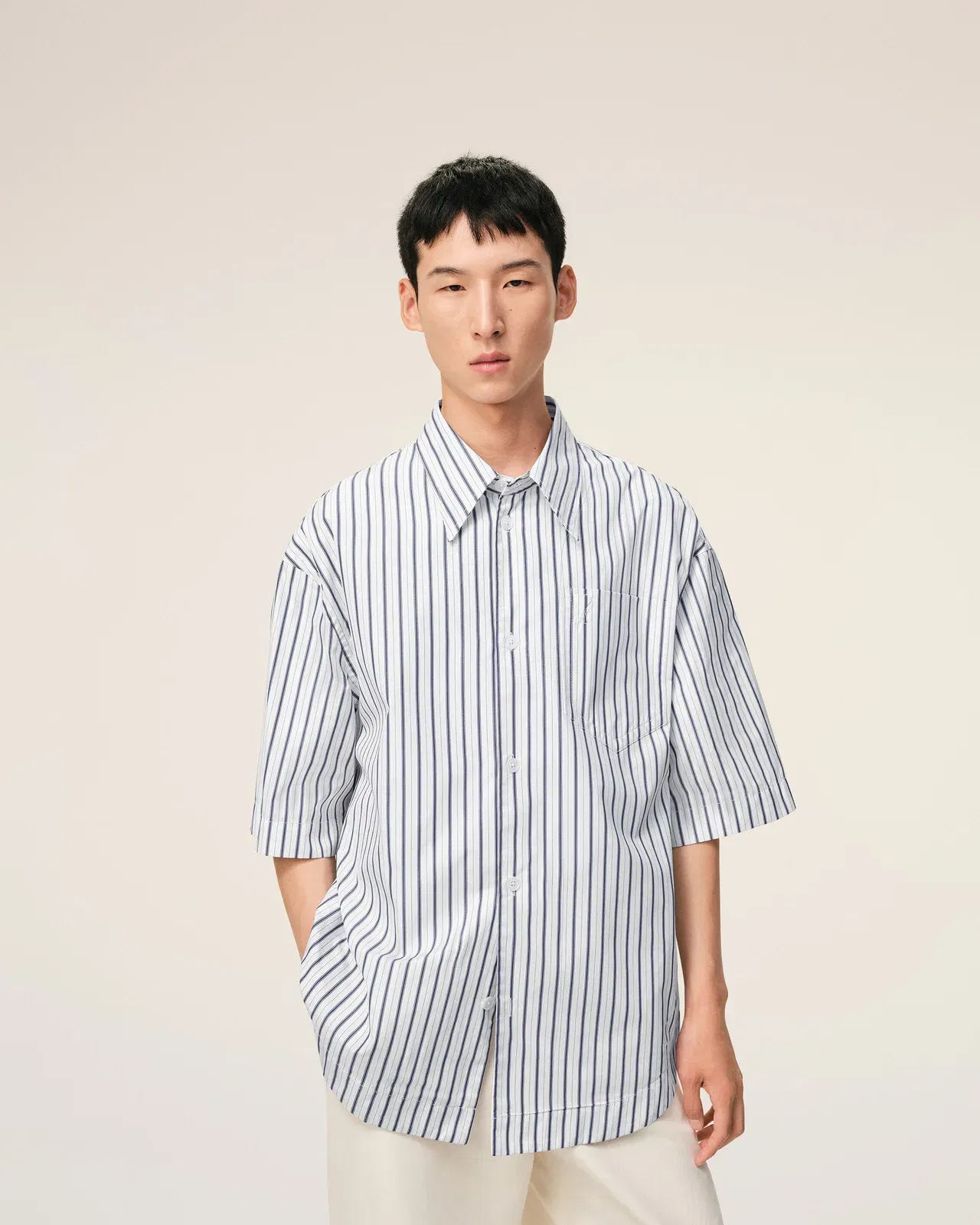 White Striped Cotton Shorts Sleeve Ami De Coeur Wide Shirt