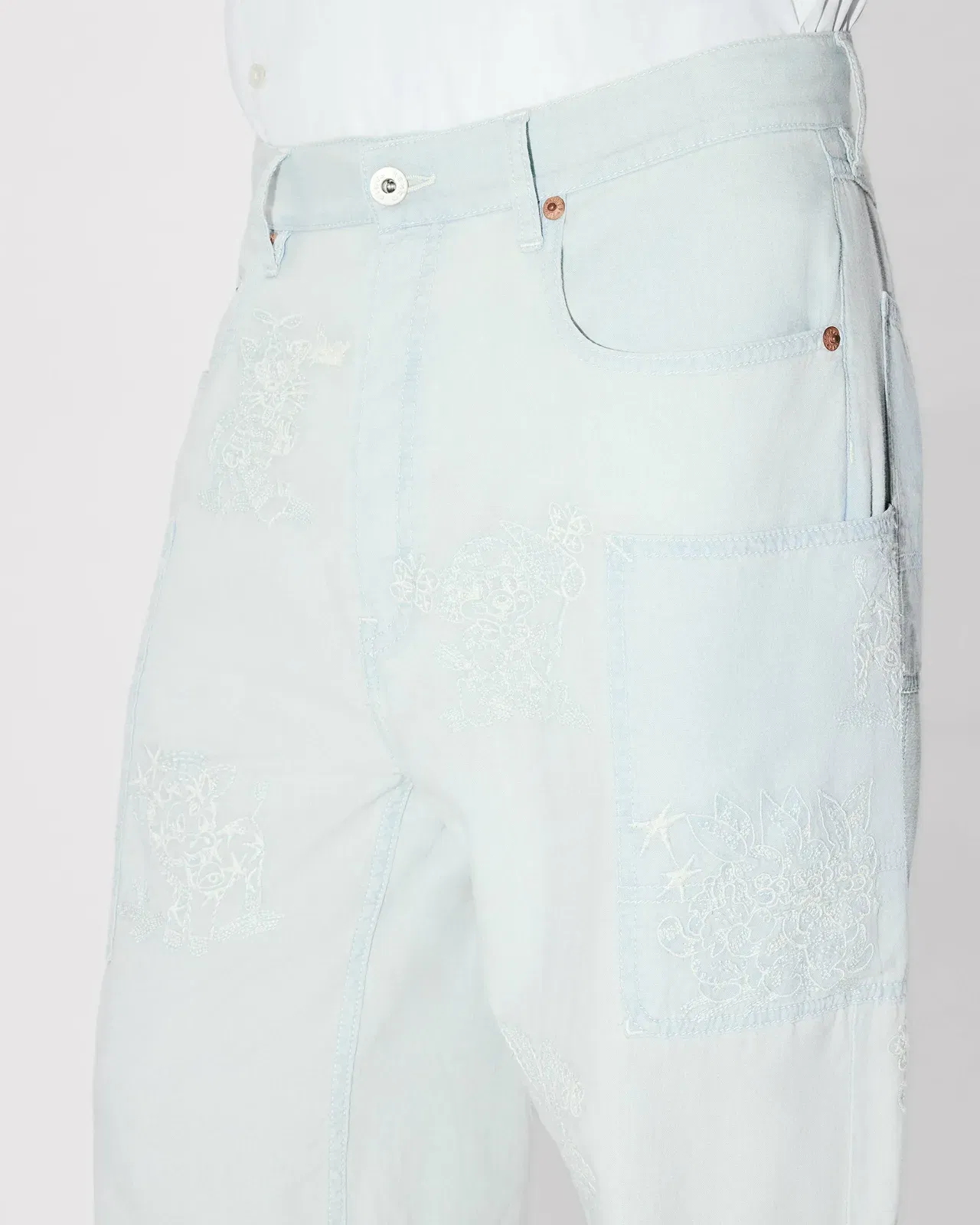 Kenzo Cartoon Embroidered Cargo Monkey Fit Jeans In Stone Bleach Chambray