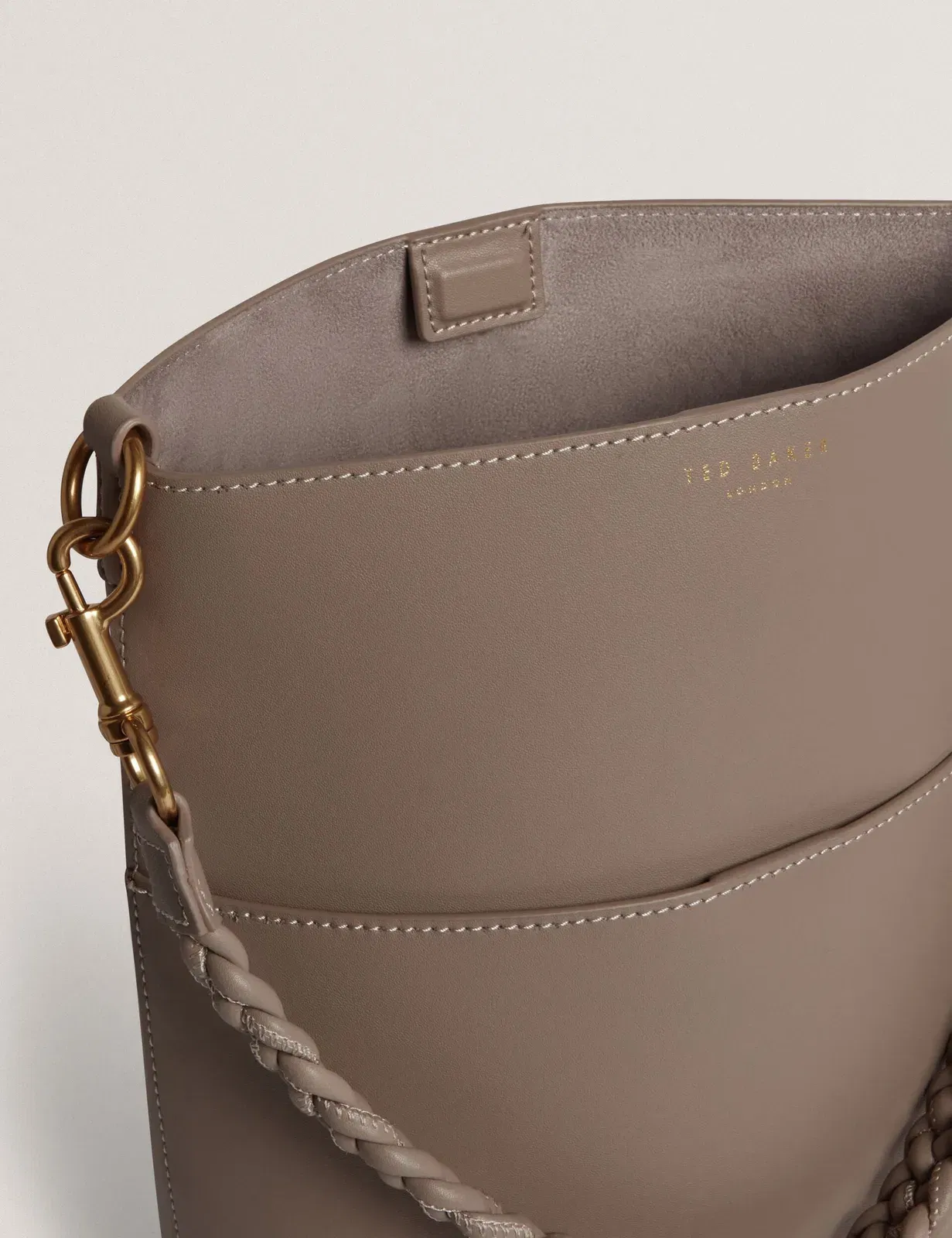 Ted Baker Wannda Plaited Handle Elongated Leather Bucket Bag Taupe Women's