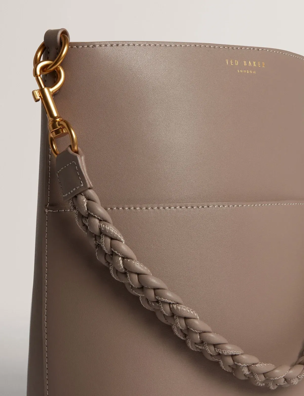 Ted Baker Wannda Plaited Handle Elongated Leather Bucket Bag Taupe Women's