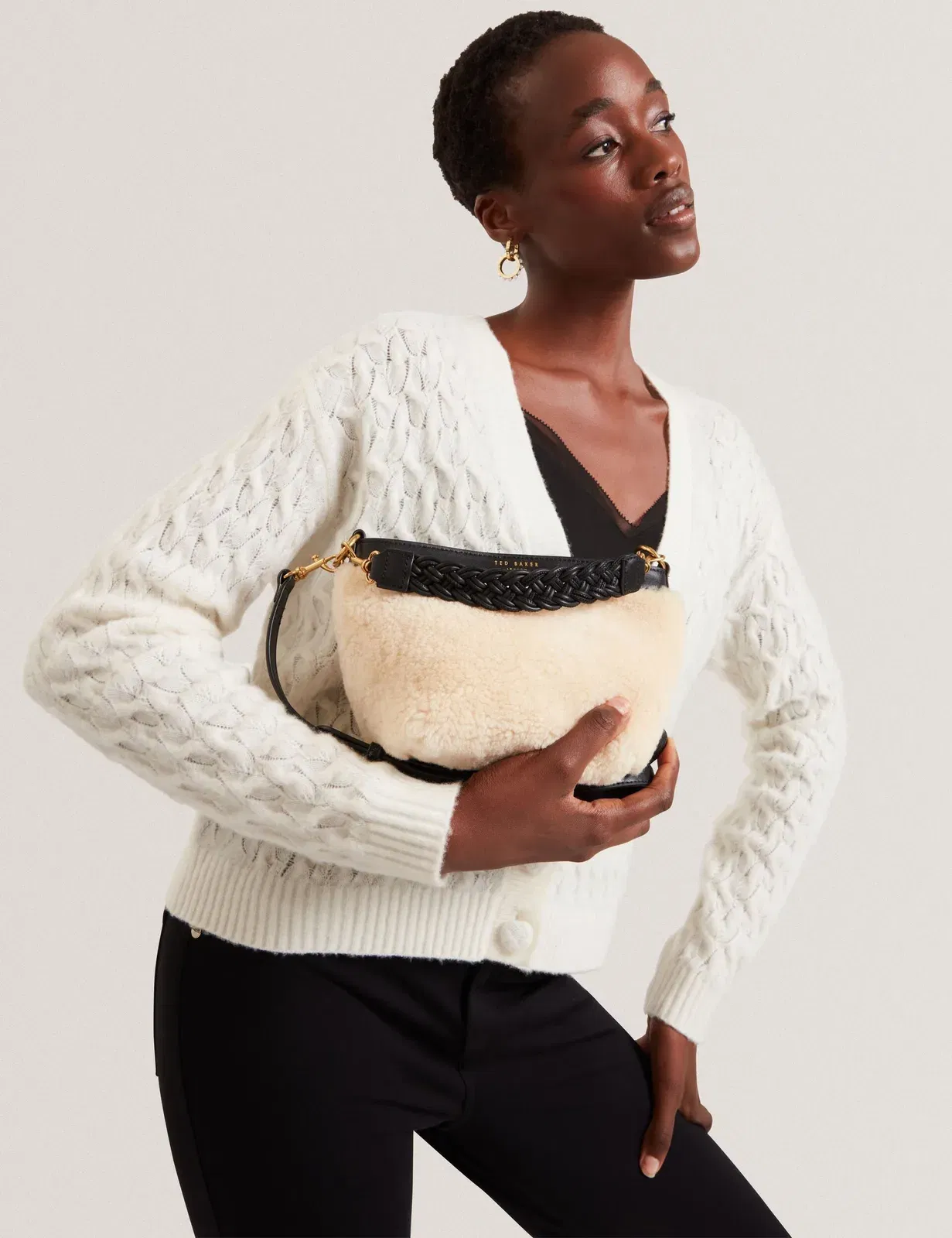 Ted Baker Sherbaa Shearling Plaited Handle Small Bucket Bag Black Women's